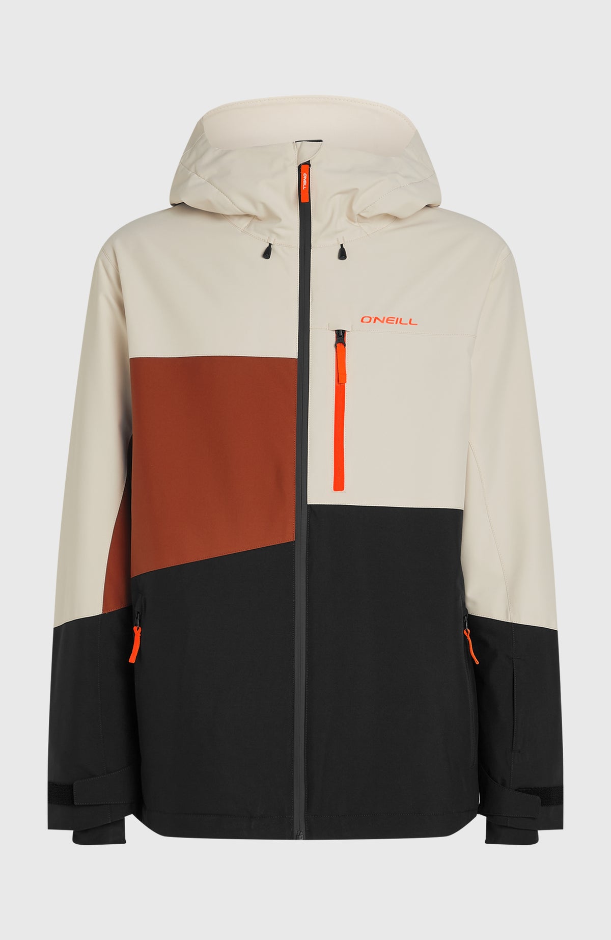 FWC'Cruz Triple Skijacke für Herren, beige, freigestellt von vorne, mit Kapuze und oranger Reißverschlusstasche