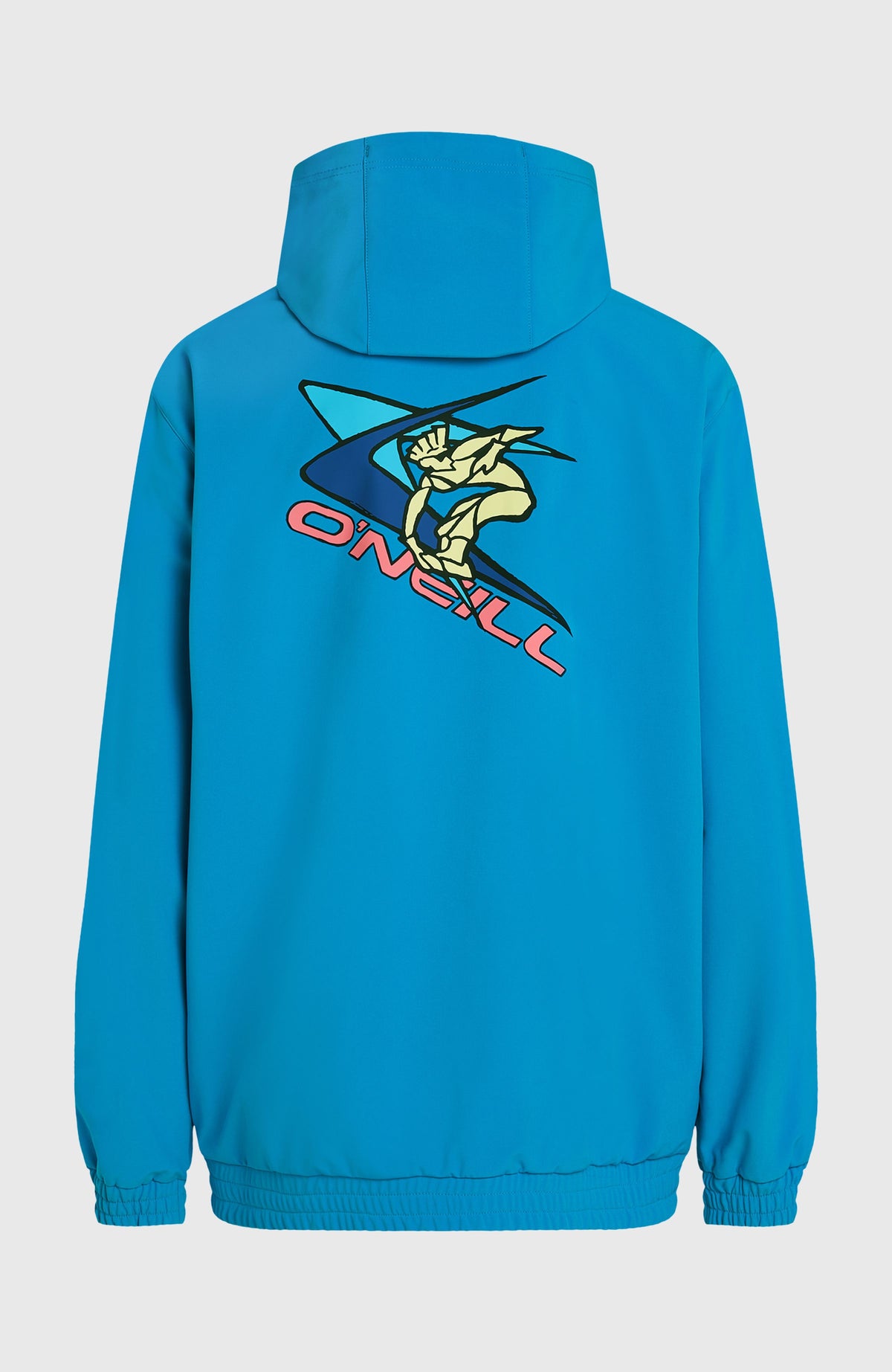 FWC'Play Softshell-Hoodie für Herren, blau, freigestellt von hinten mit großem, mehrfarbigem Rücken-Print