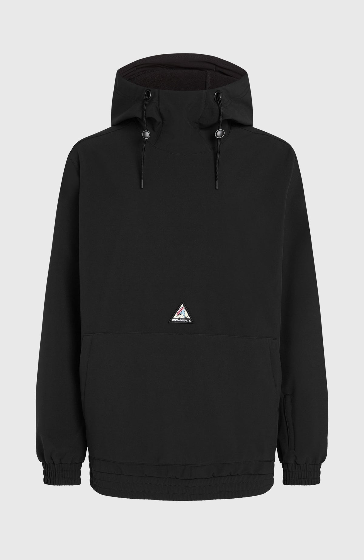 FWC'Play Softshell-Hoodie für Herren, schwarz, freigestellt von vorne mit Kapuze, Kordelzug und Logo-Badge