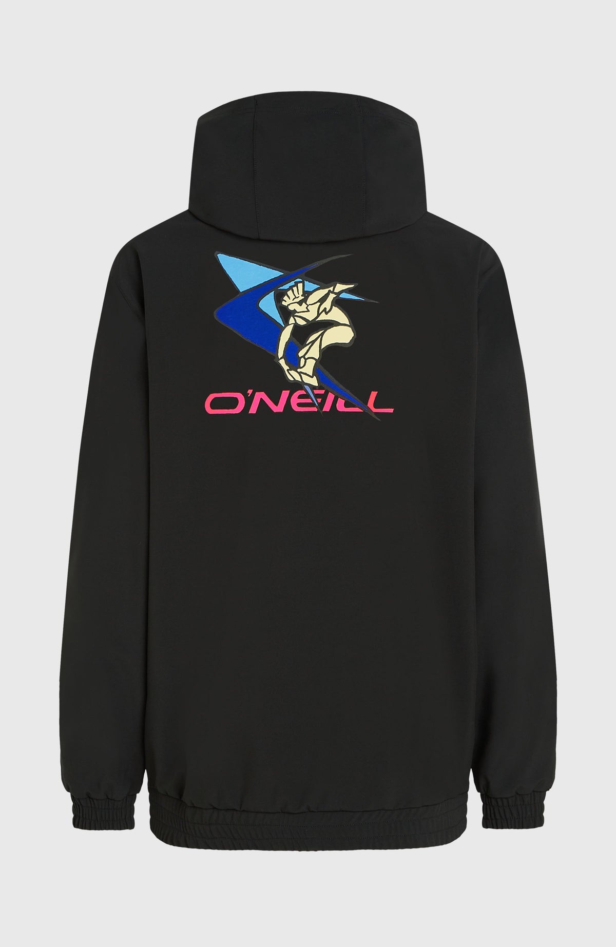 FWC'Play Softshell-Hoodie für Herren, schwarz, freigestellt von hinten mit großem buntem Logo-Rückenprint