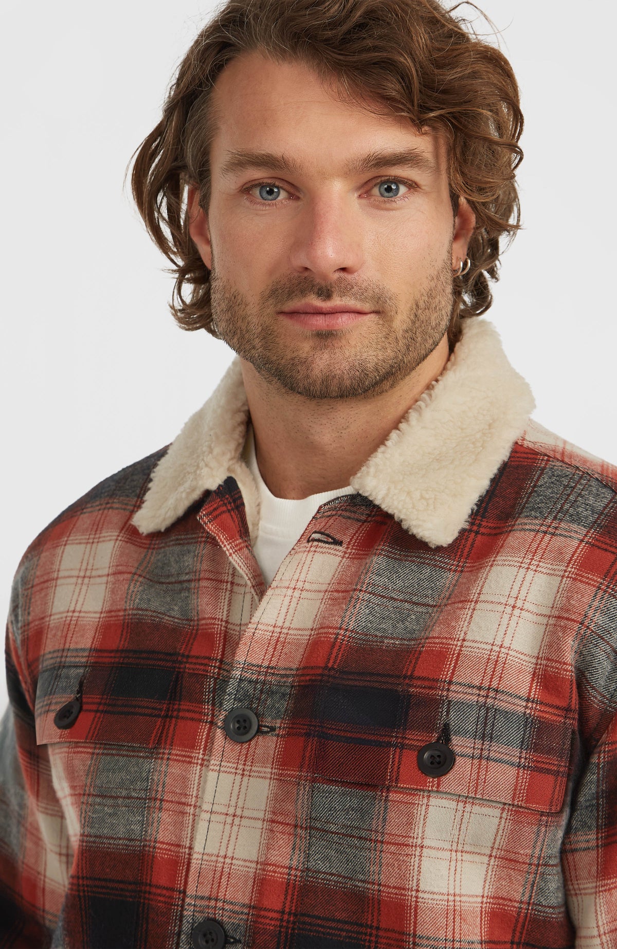 O'Riginals Jacke mit Fleecefutter, rot mit Karomuster in Schwarz und Cremeweiß, Nahaufnahme von Kragen und Knopfleiste