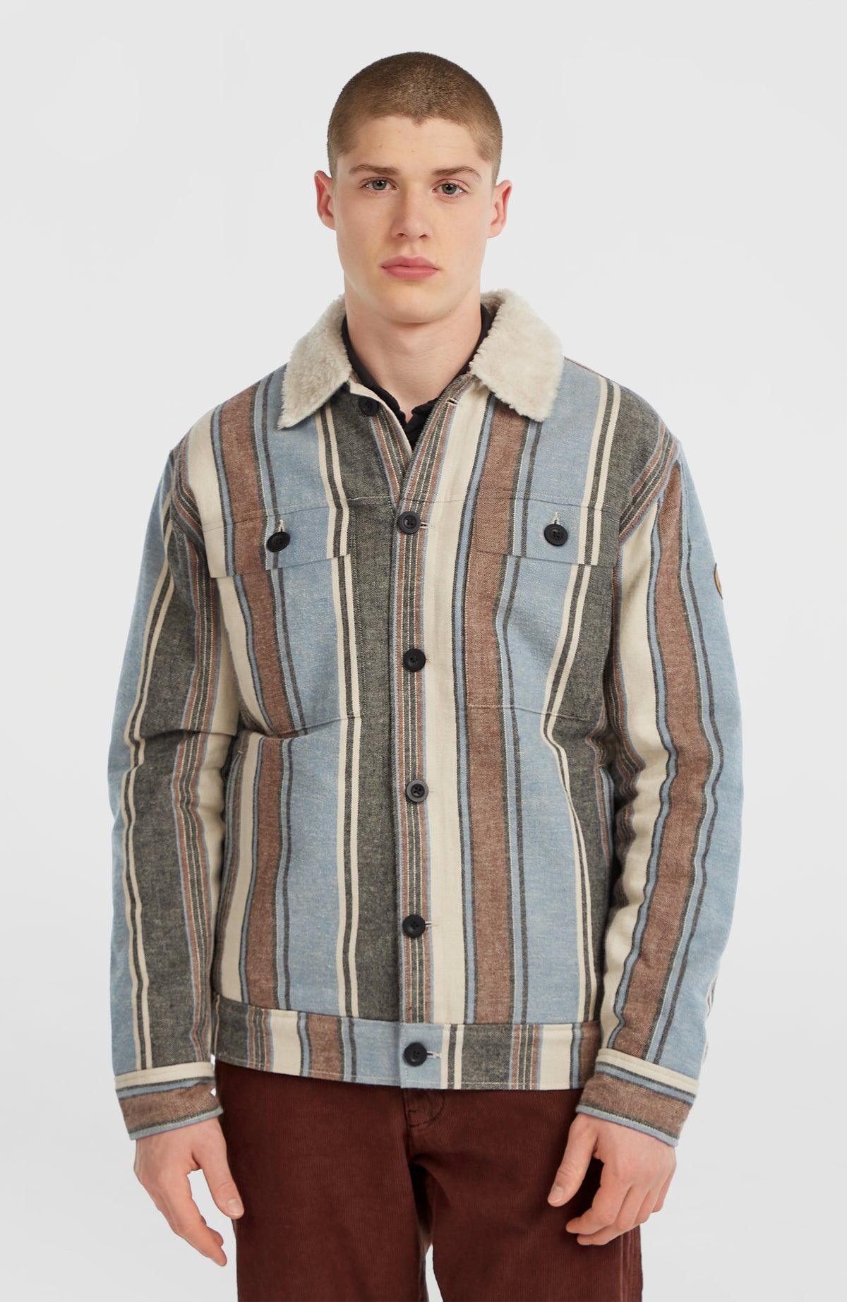 O'Neill O'Riginals Jacke mit Fleecefutter für Herren, blau mit Streifenmuster in Braun, Vorderansicht