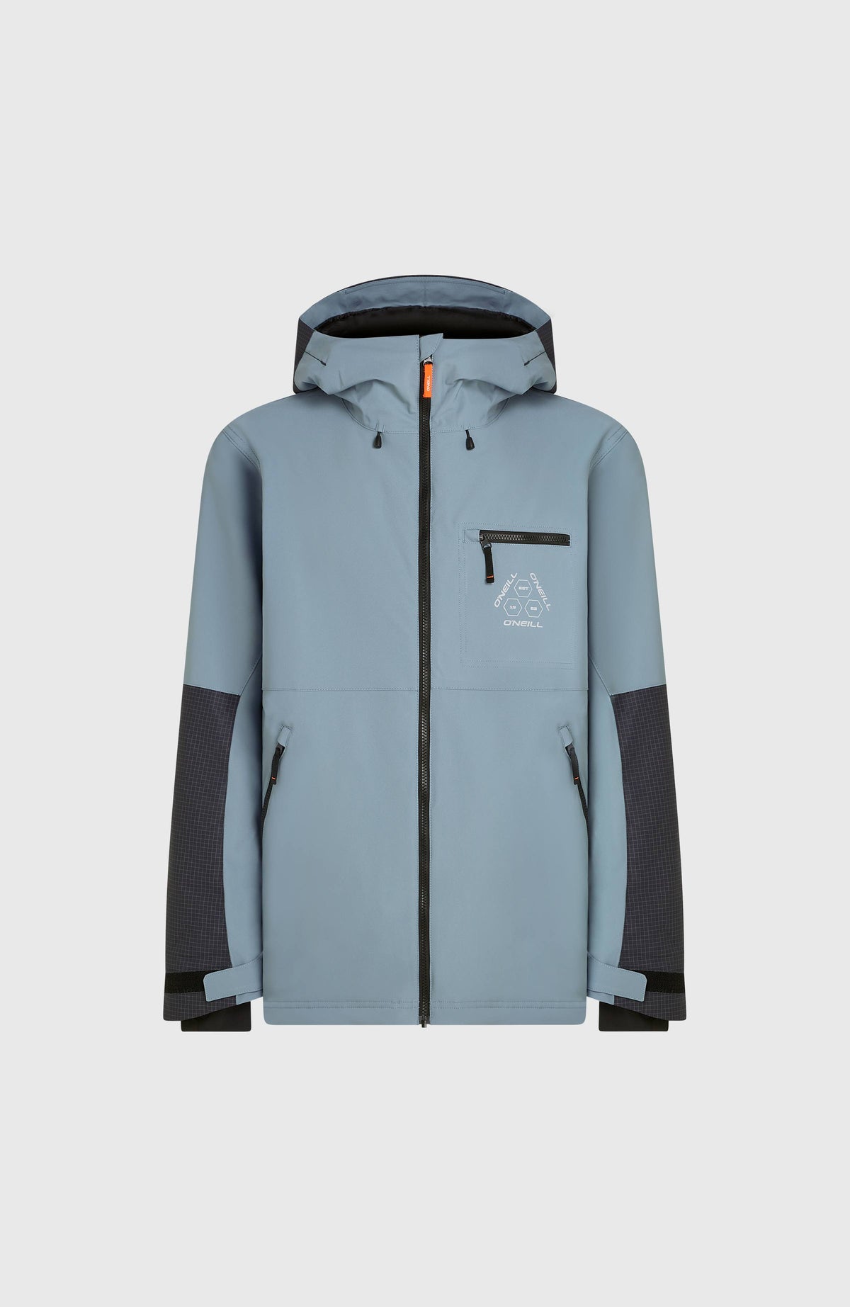 FWC'Peak Skijacke für Herren, blau, flach liegend von vorne mit Brusttasche, Kordelzügen und Frontreißverschluss