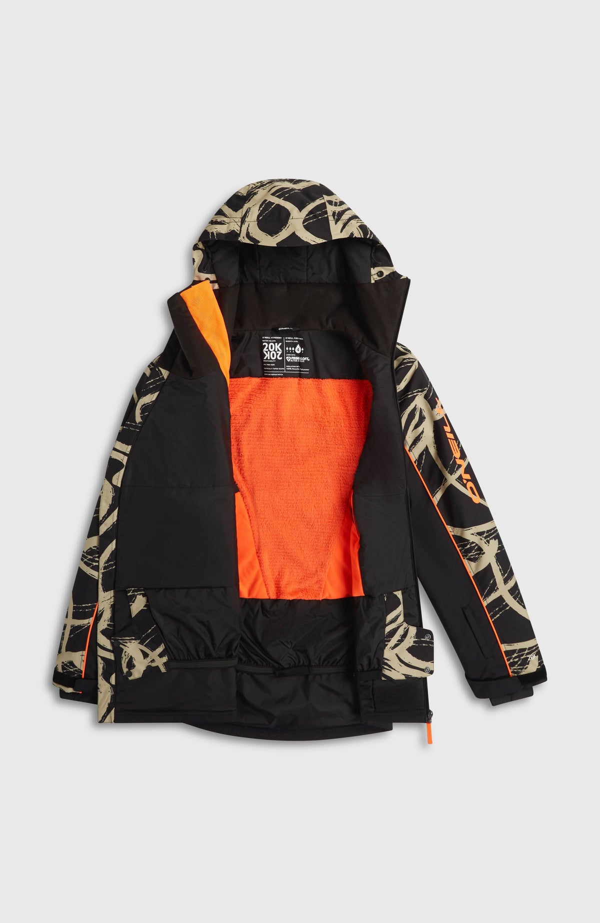 Beige FWC'Play Asymmetric Ski- und Snowboardjacke, flach liegend mit geöffnetem Reißverschluss und Innenfutter