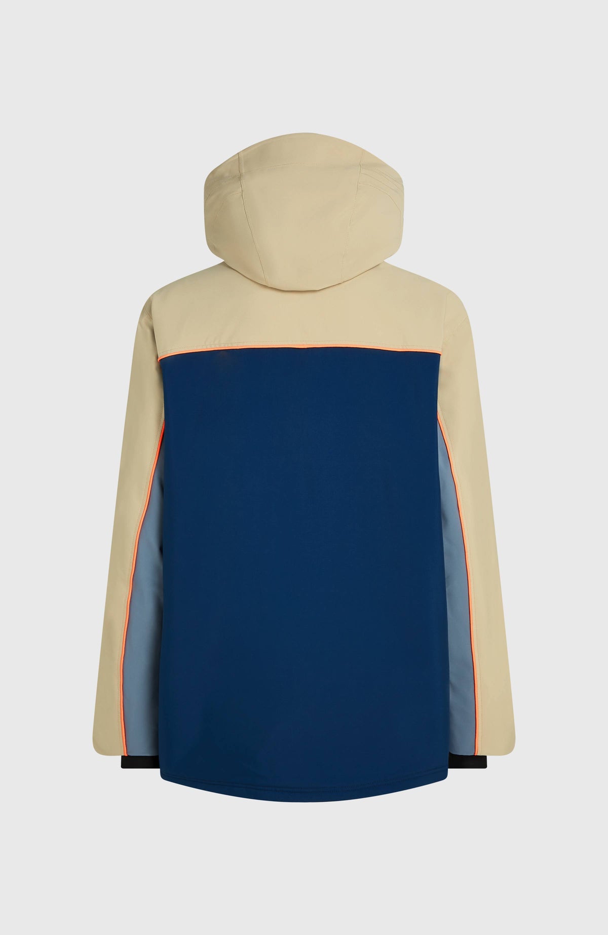 FWC'Play Asymmetric Ski- und Snowboardjacke für Herren, beige, freigestellt von hinten mit fester Kapuze