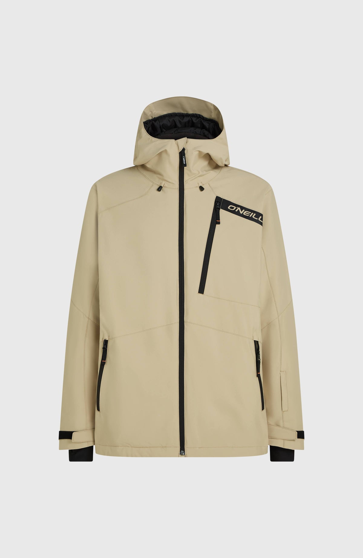 FWC'Cruz Skijacke für Herren, beige, freigestellt von vorne mit Kapuze und Reißverschluss