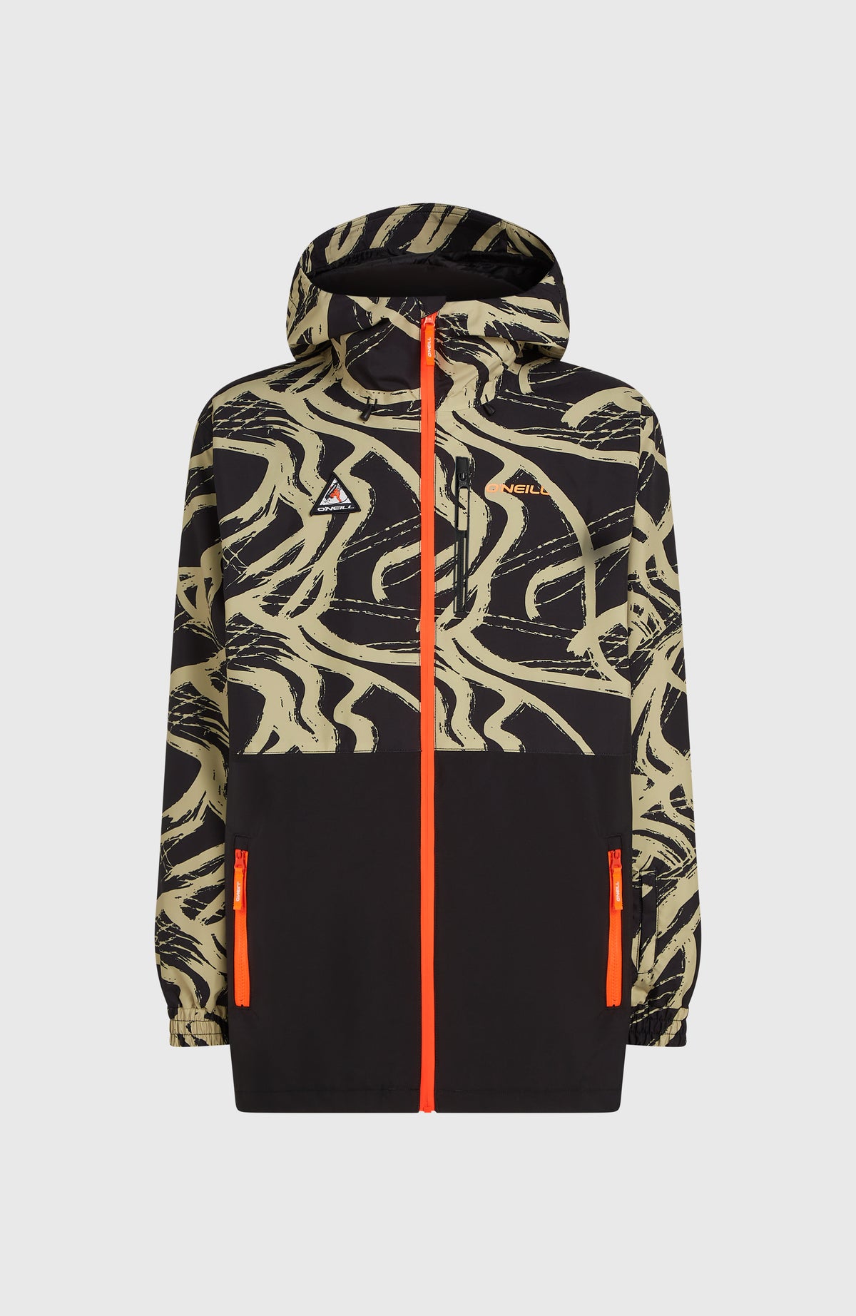 FWC'Play Park Ski- und Snowboardjacke für Herren, beige mit Linienmuster in Schwarz, freigestellt von vorne
