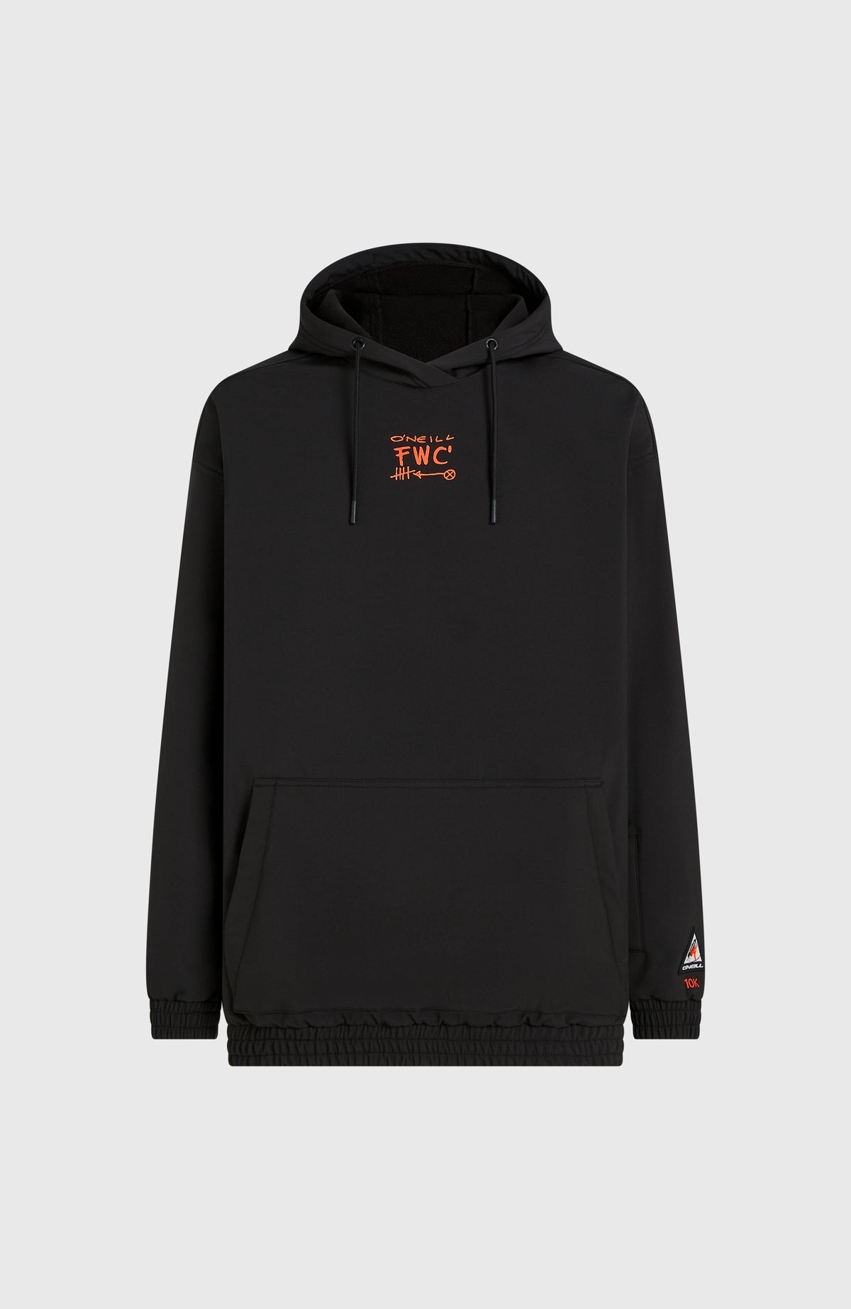 FWC'Play Softshell-Hoodie für Herren, schwarz mit Logo-Print in Orange, freigestellt von vorne mit Kängurutasche