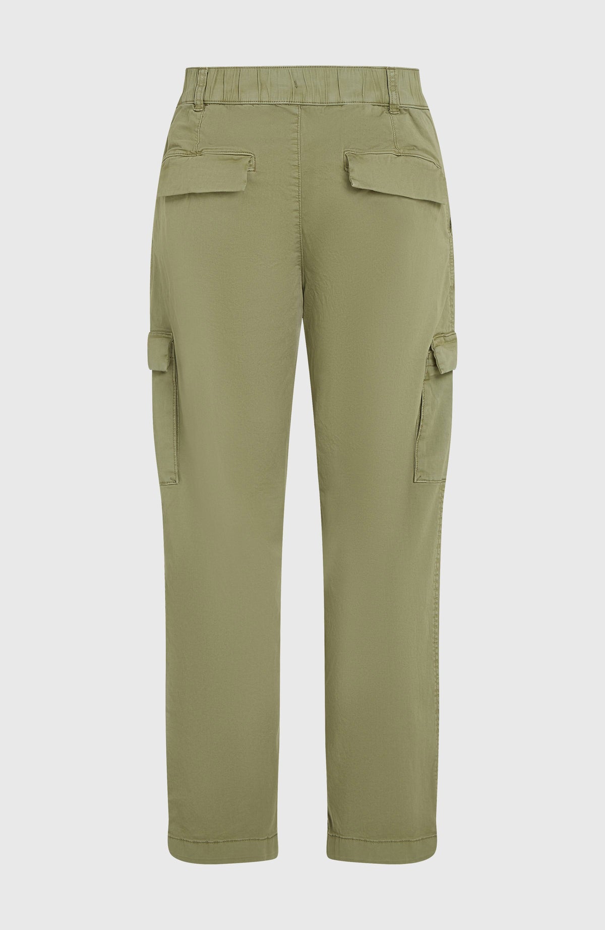 Grüne Essentials Cargohose für Herren, freigestellt von hinten, elastischer Bund und Gesäßtaschen mit Klappe