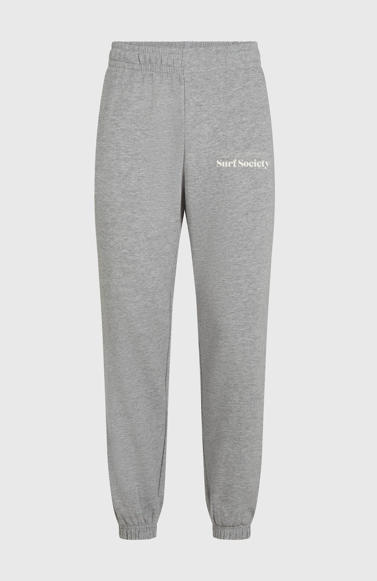 Future Surf Society Jogginghose für Herren, grau mit Logo-Print in Weiß, flach liegend von vorne mit elastischem Bund