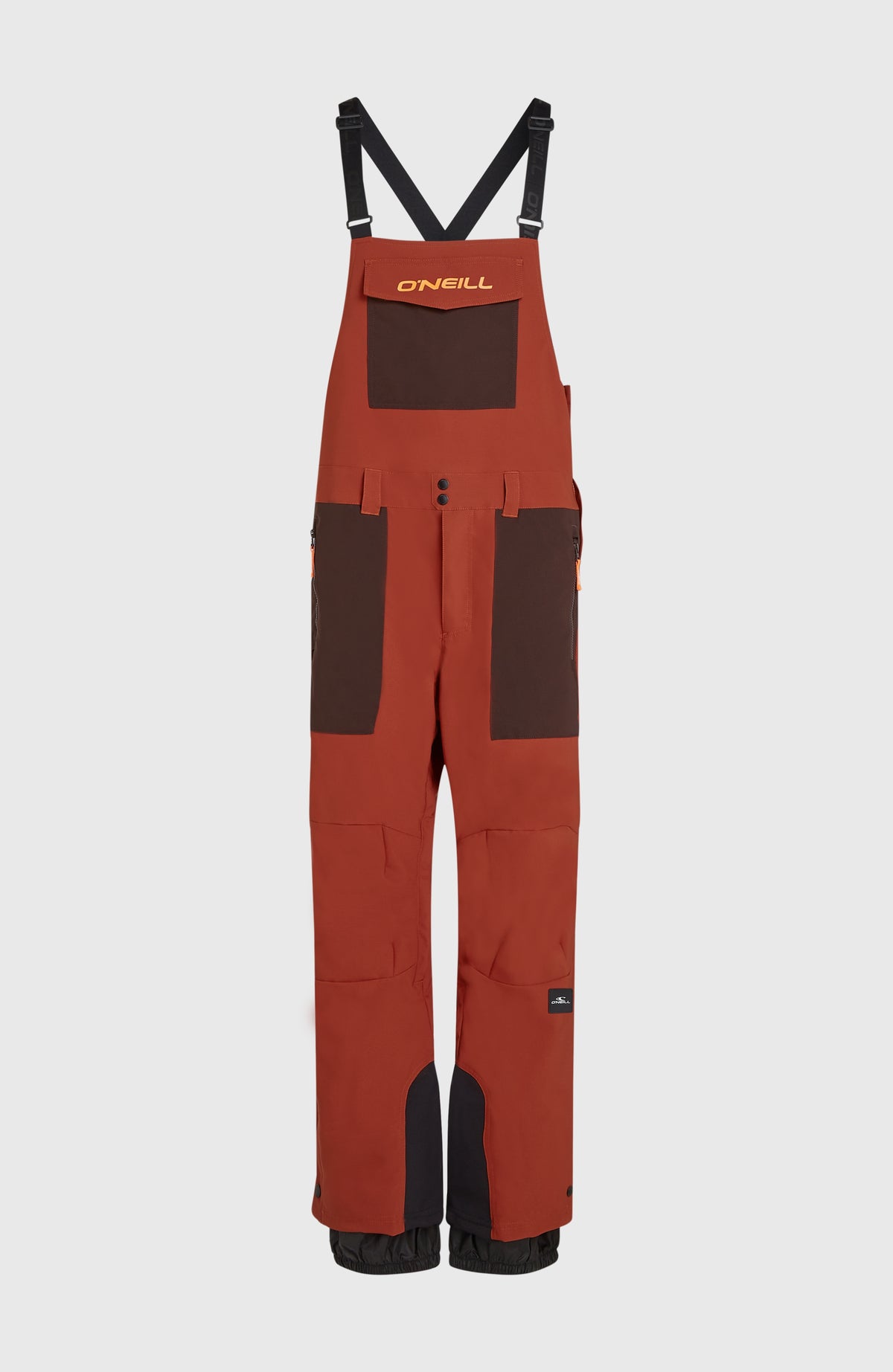 FWC'Peak Bib Skihose für Herren, orange, freigestellt von vorne mit Latz und Trägern