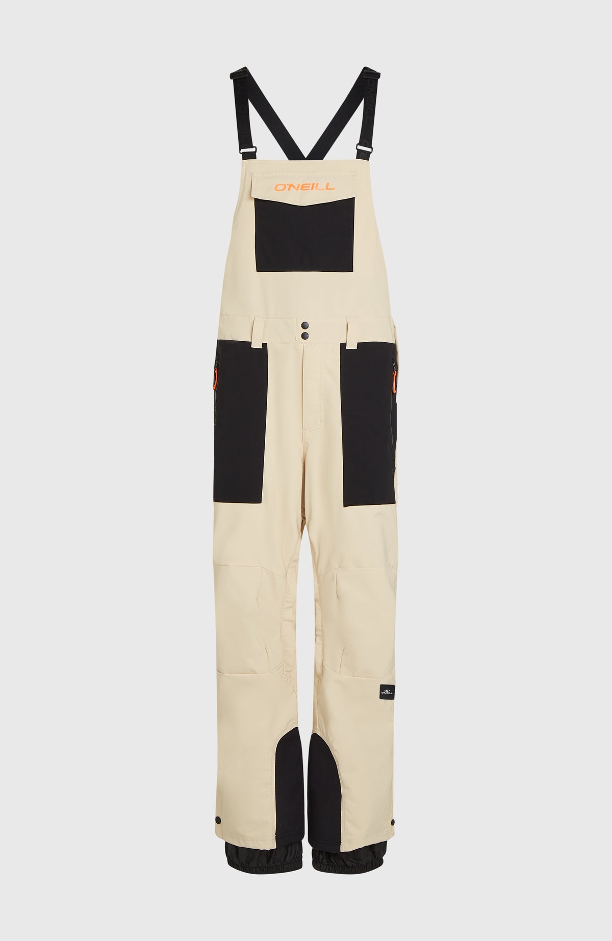 FWC'Peak Bib Skihose für Herren, beige, freigestellt von vorne mit Latz, Kontrasttaschen und Schneefang
