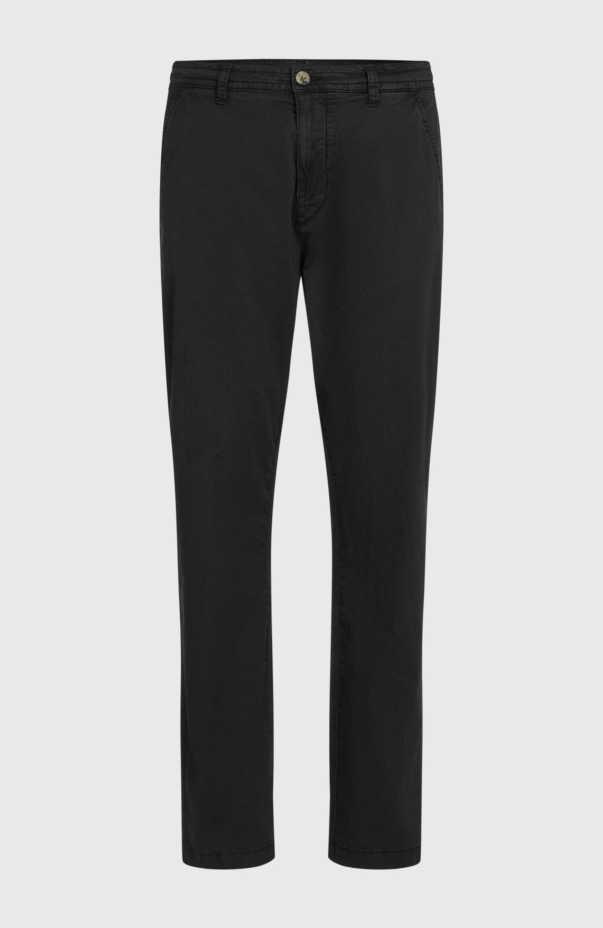 Essentials Chino-Hose für Herren, schwarz, freigestellt von vorne, gerader Schnitt und elastischer Bund