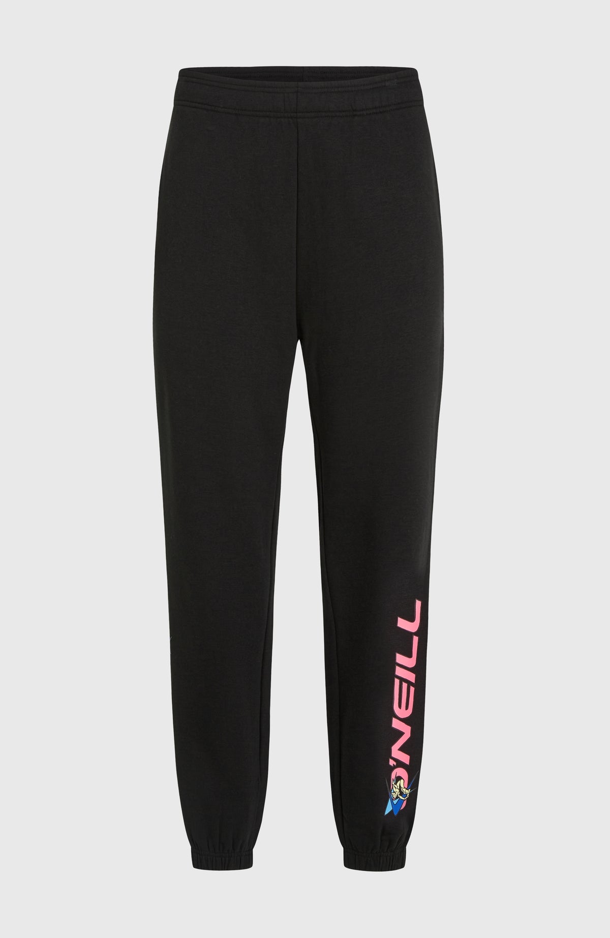 FWC'Play Jogginghose für Herren, schwarz mit Logo-Print in Pink, freigestellt von vorne mit elastischem Saum