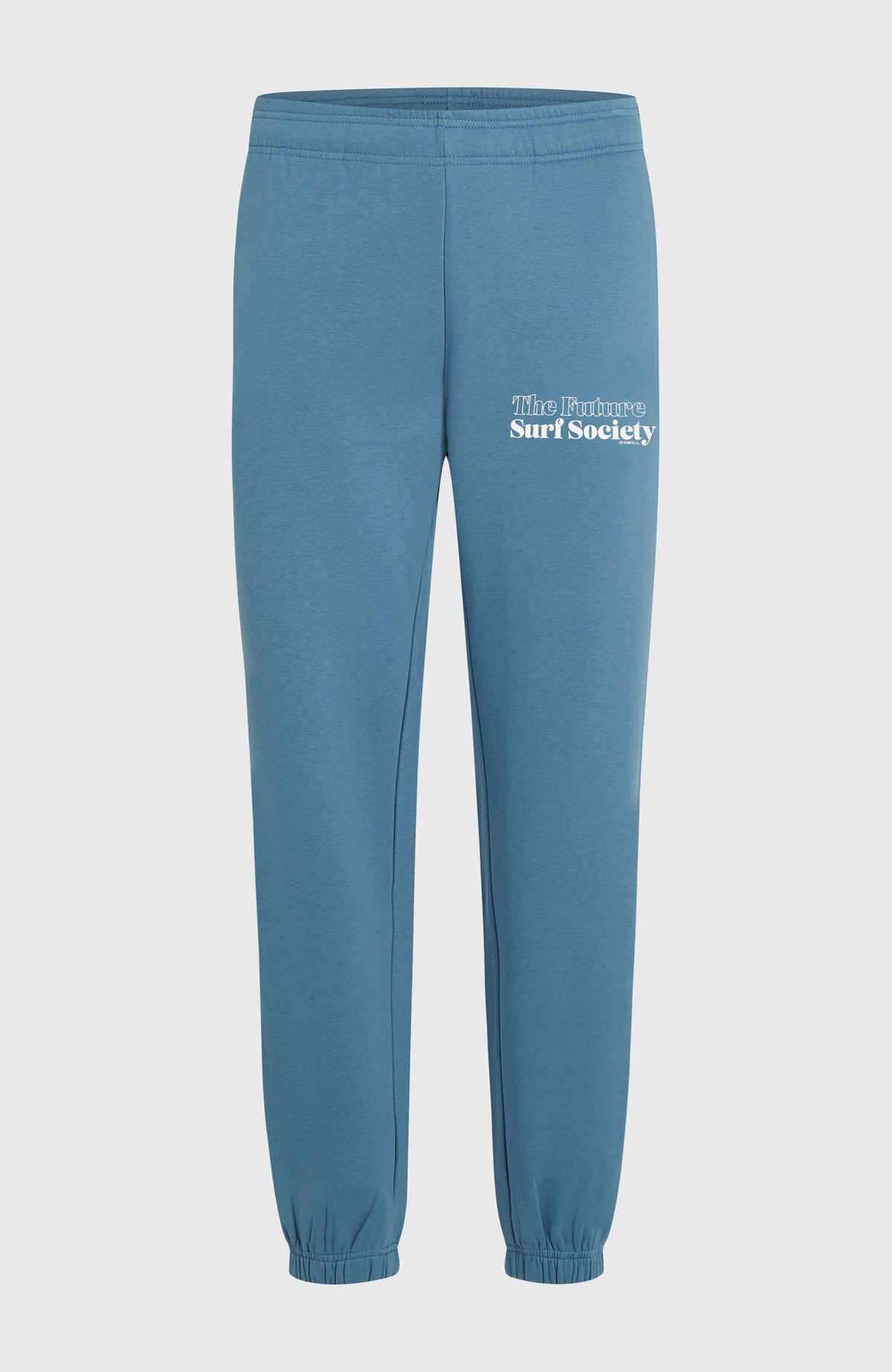 Future Surf Society Jogginghose für Herren, blau mit Logo-Print in Weiß, freigestellt von vorne mit elastischem Bund