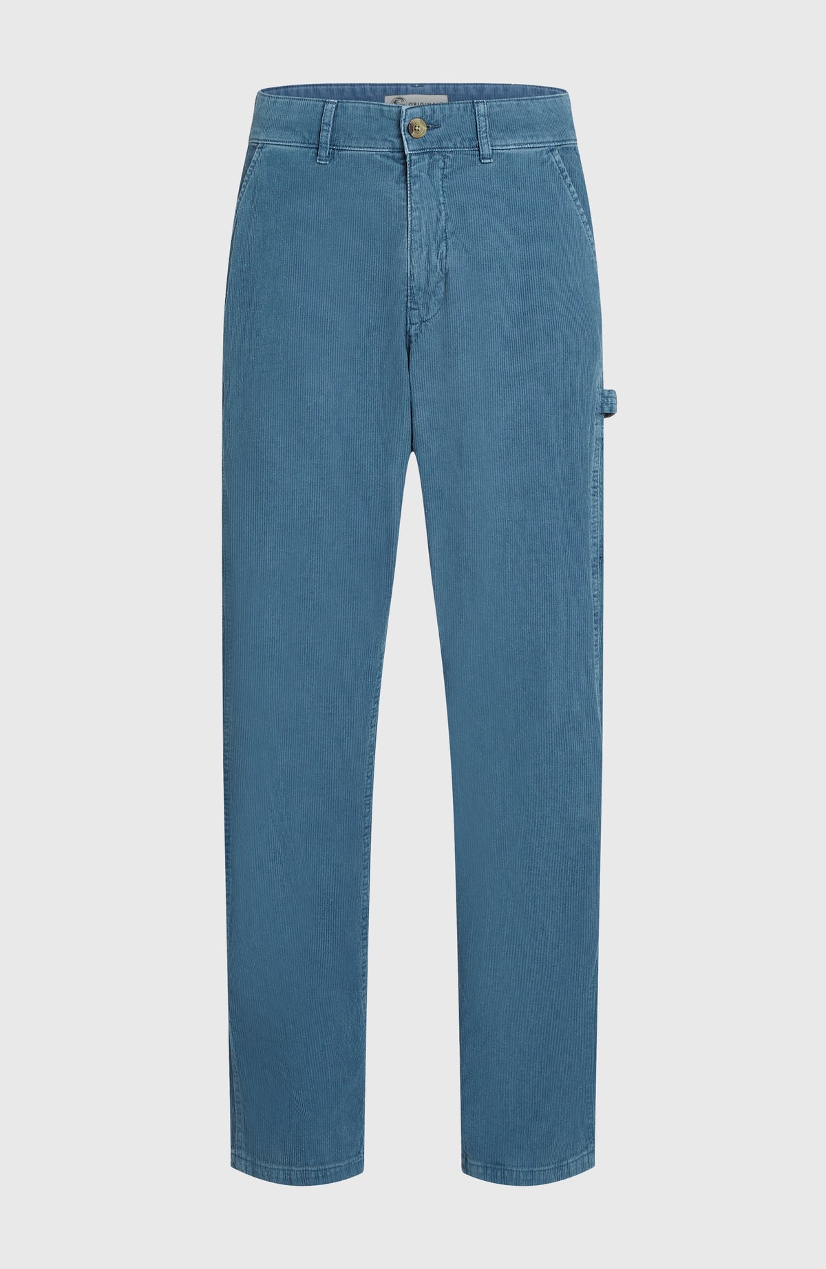 O'Riginals Carpenter Hose für Herren, blau, flach liegend von vorne, Hosenbund mit Knopf und Gürtelschlaufen