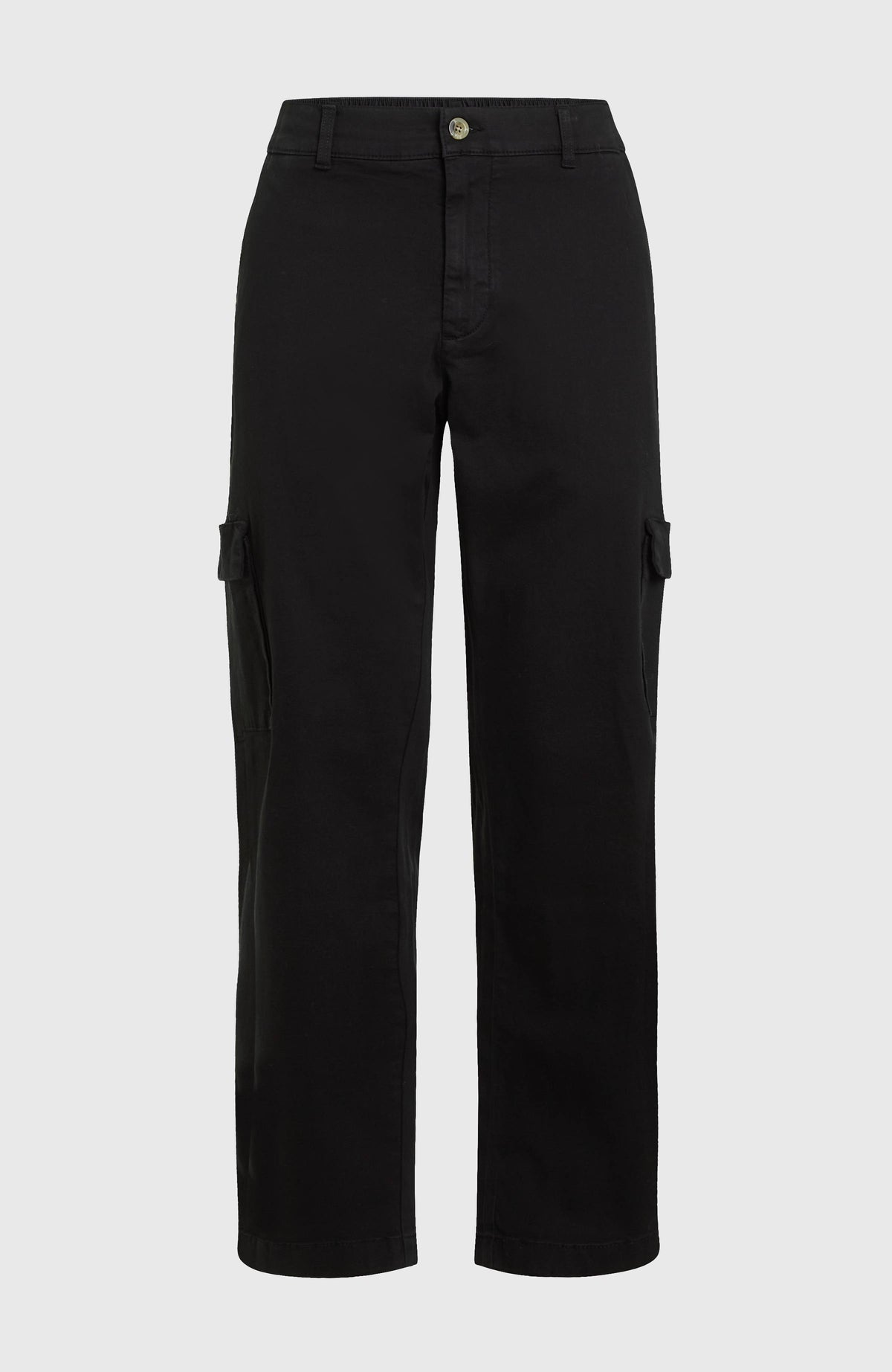 Essentials Cargohose für Herren, schwarz, freigestellt von vorne mit Hosenschlitz und Gürtelschlaufen