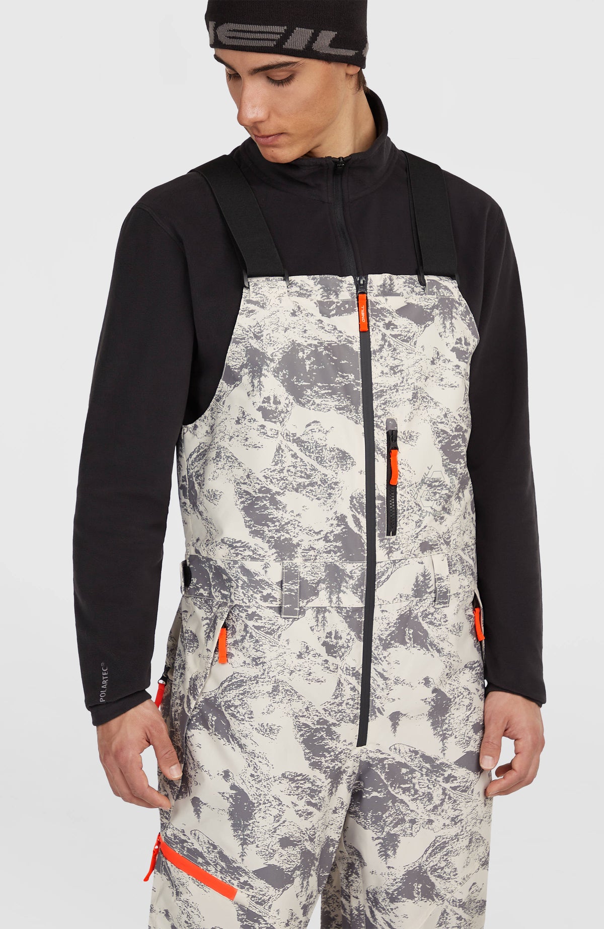 FWC'Peak Bib Skihose für Herren, grau mit Bergmuster in Weiß, Latz mit Frontreißverschluss