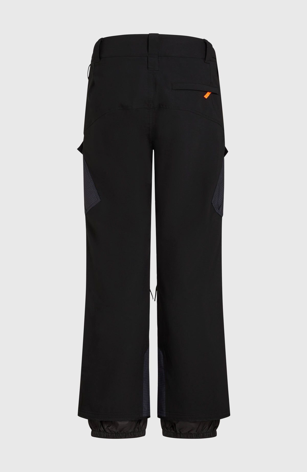 Schwarze FWC'Peak Cargo-Skihose für Herren, flach liegend von hinten, Gürtelschlaufen und Gesäßtasche
