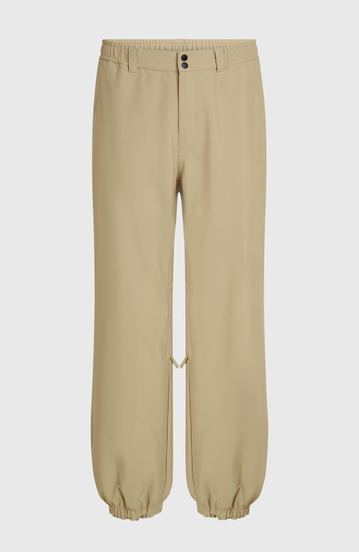 FWC Oversized Ski- und Snowboardhose für Herren, beige, freigestellt von vorne mit Druckknöpfen am Bund