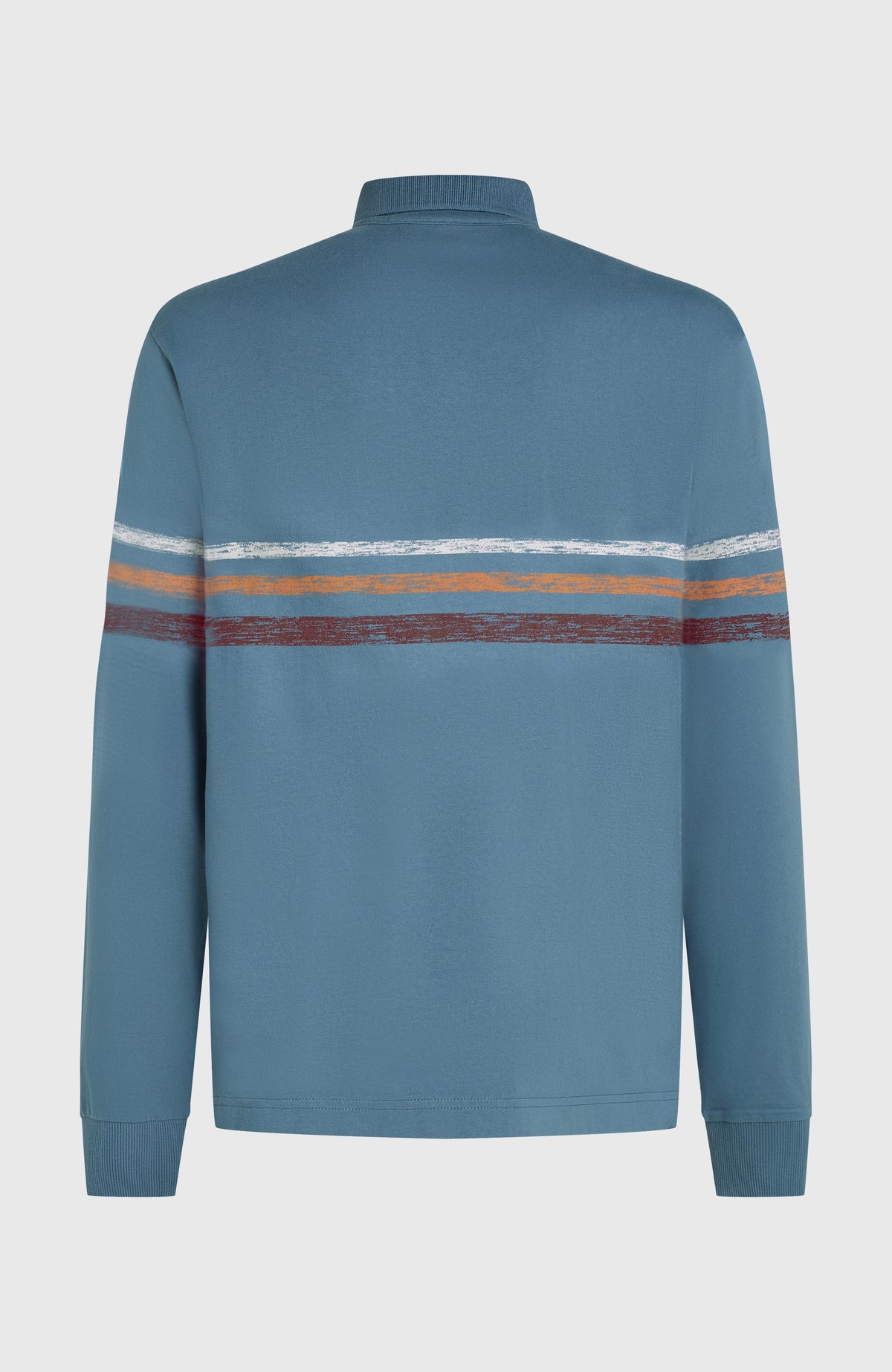 O'Riginals Poloshirt für Herren, blau mit Streifenmuster in Weiß und Orange, freigestellt von hinten