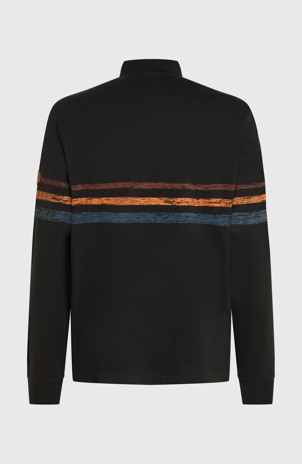 O'Riginals Poloshirt für Herren, schwarz mit Streifenmuster in Orange und Blau, flach liegend von hinten