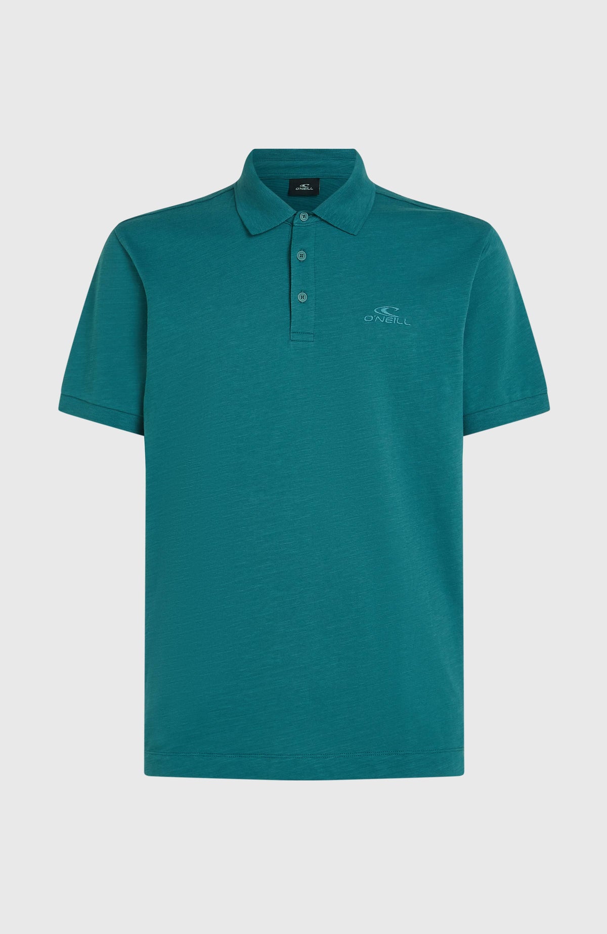 Grünes Slub Poloshirt für Herren, freigestellt von vorne mit klassischem Kragen und Knopfleiste