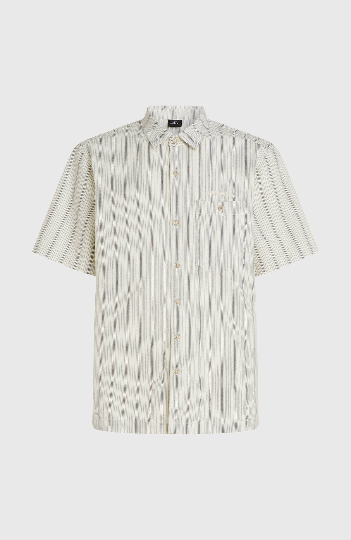 Jacquard Stripe Hemd für Herren, beige mit Streifenmuster in Schwarz, freigestellt von vorne mit Knopfleiste