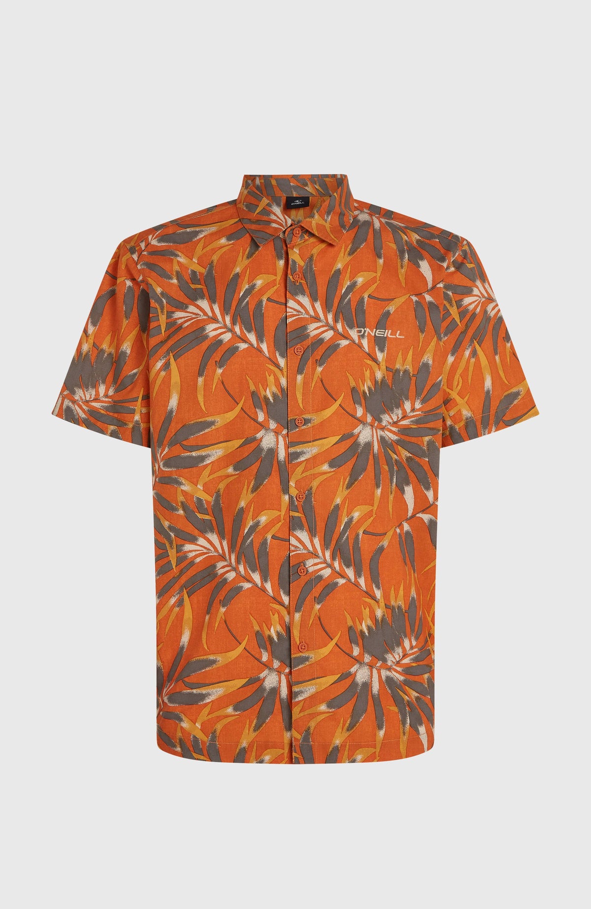 Print-Shirt für Herren, orange mit Blättermuster in Grau und Gelb, freigestellt von vorne