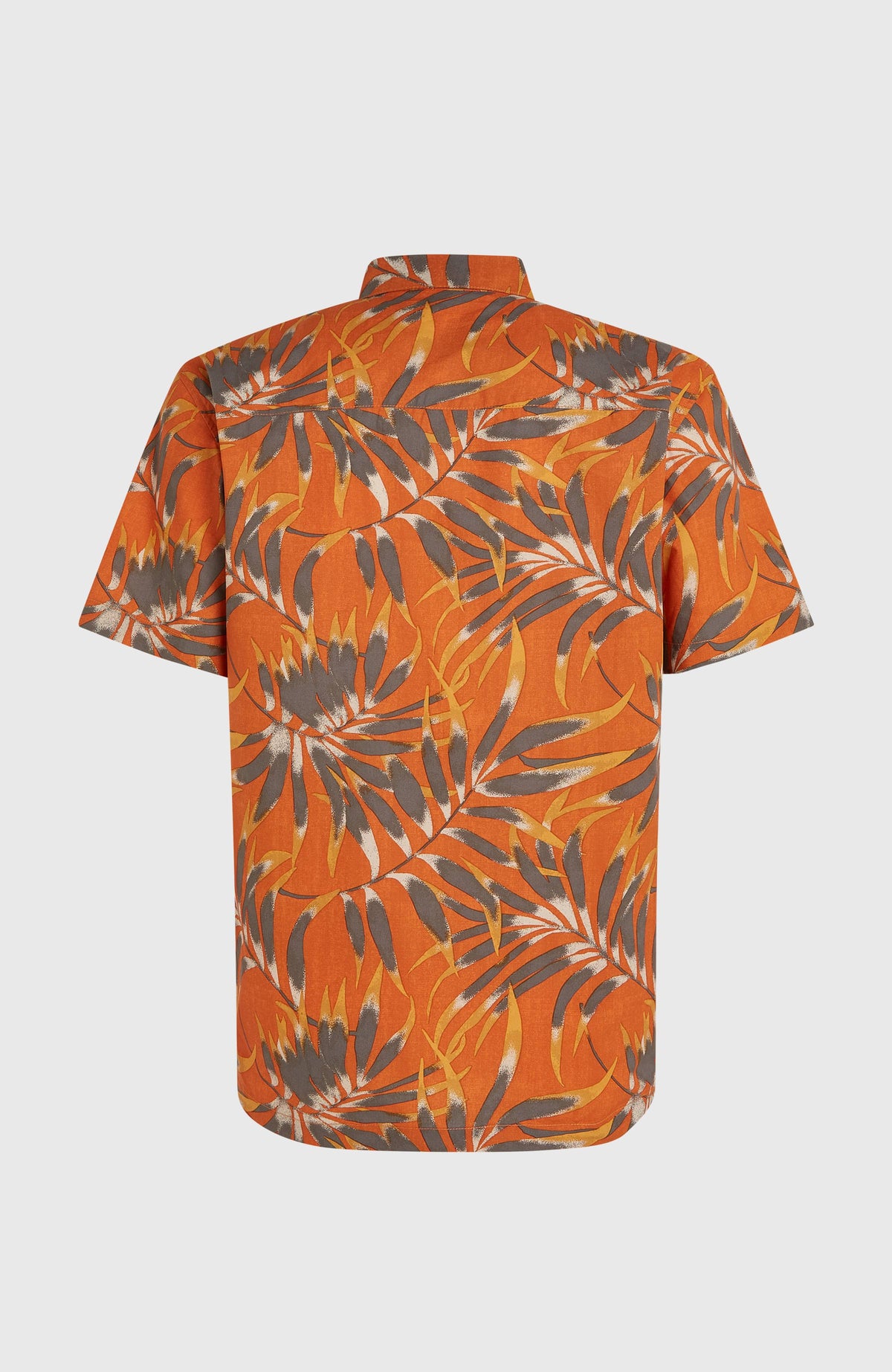 Print-Shirt für Herren, orange mit Blättermuster in Grau und Gelb, freigestellt von hinten