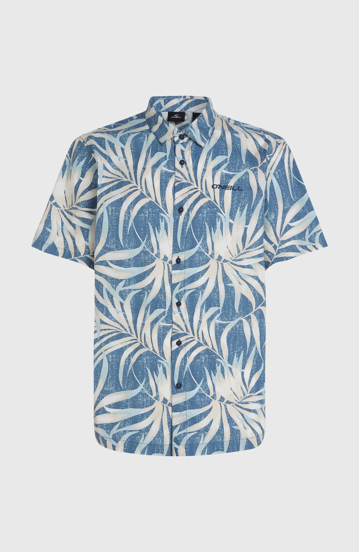 Print-Shirt für Herren, blau mit Blättermuster in Beige, freigestellt von vorne