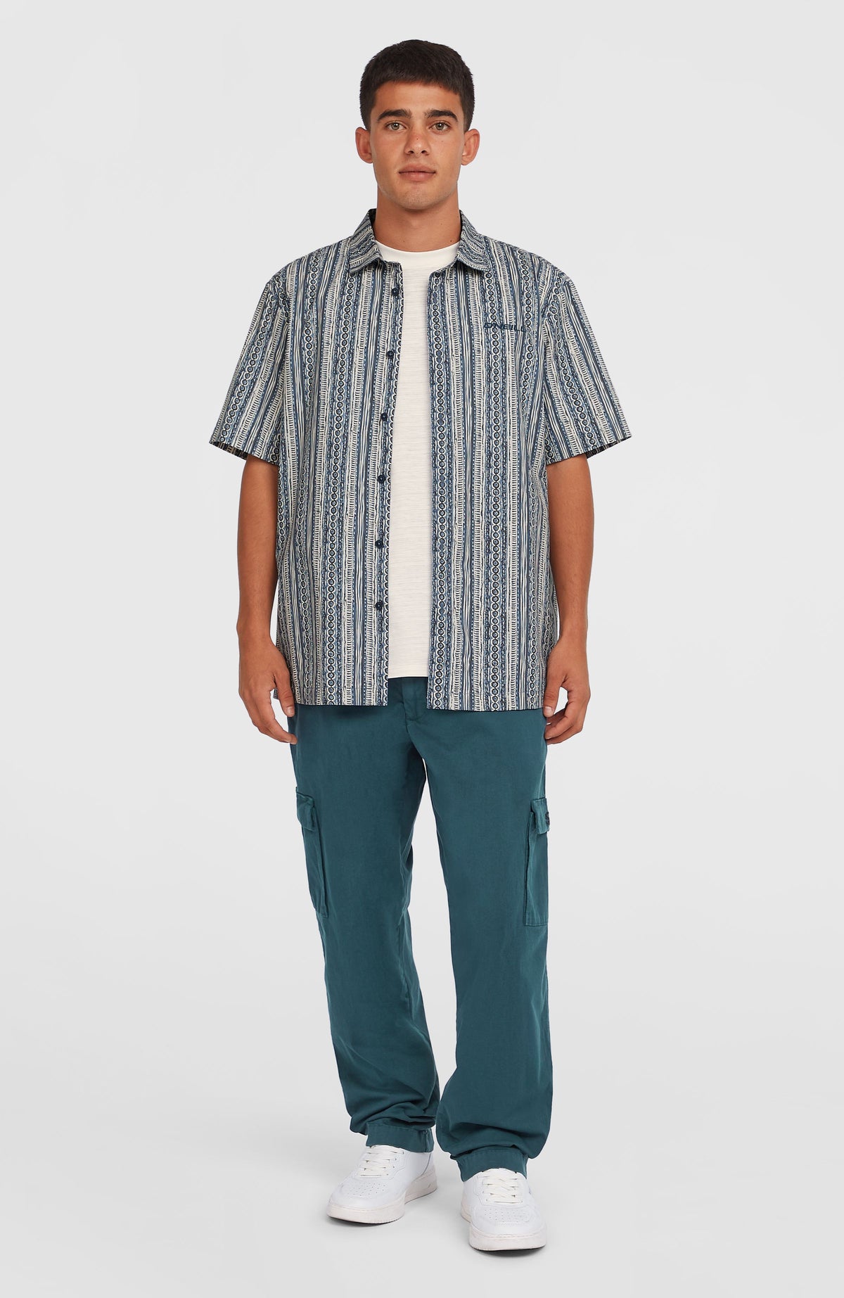 Print-Shirt für Herren, blau mit Streifenmuster in Weiß, Ganzkörperansicht am Model