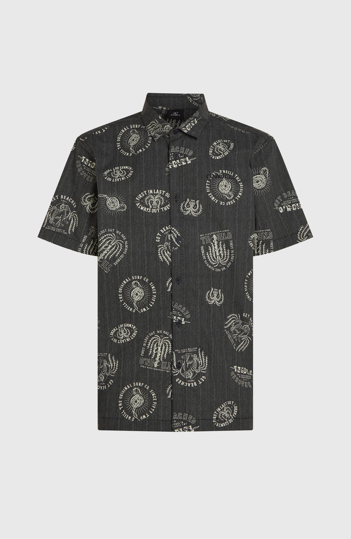 Print-Shirt für Herren, schwarz mit Print-Muster in Weiß, flach liegend von vorne