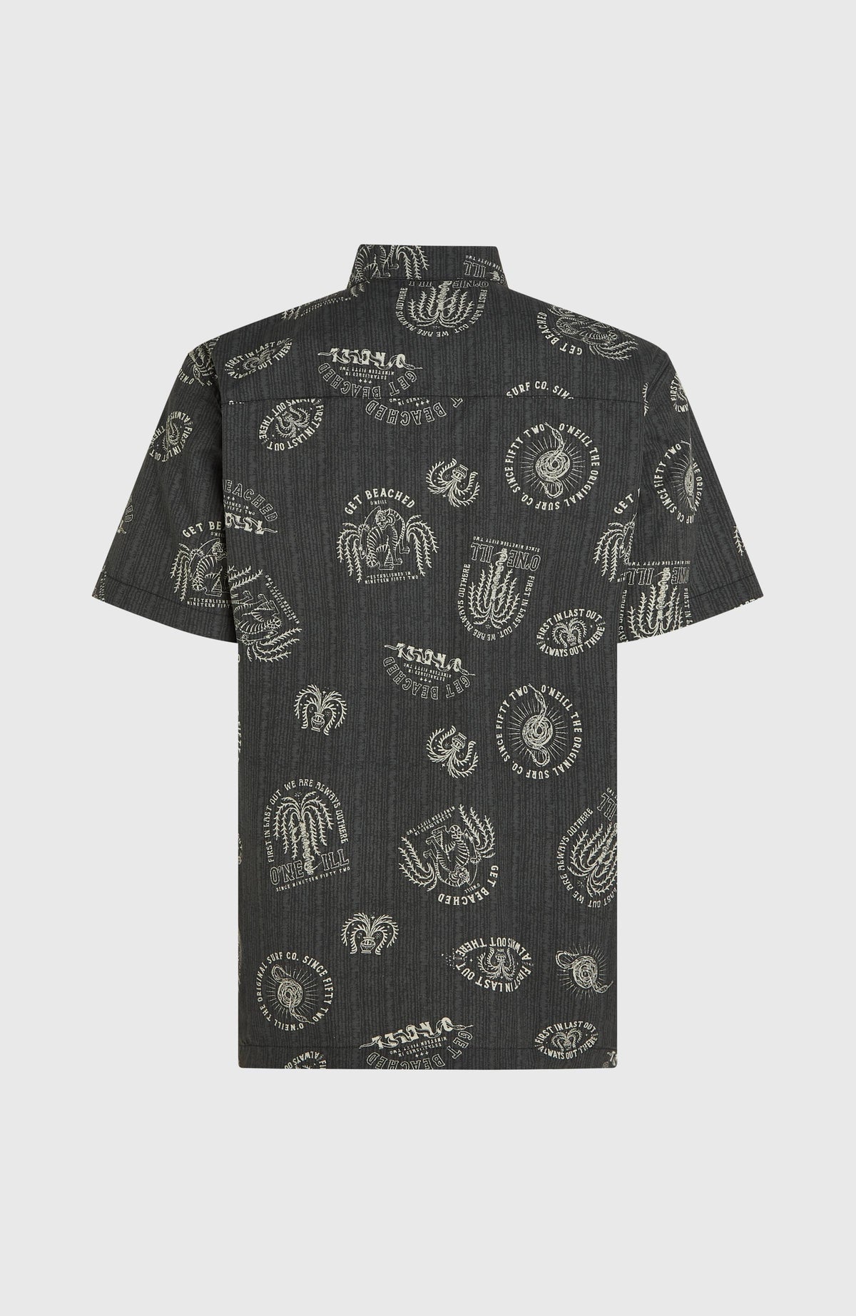Print-Shirt für Herren, schwarz mit Print-Muster in Weiß, flach liegend von hinten