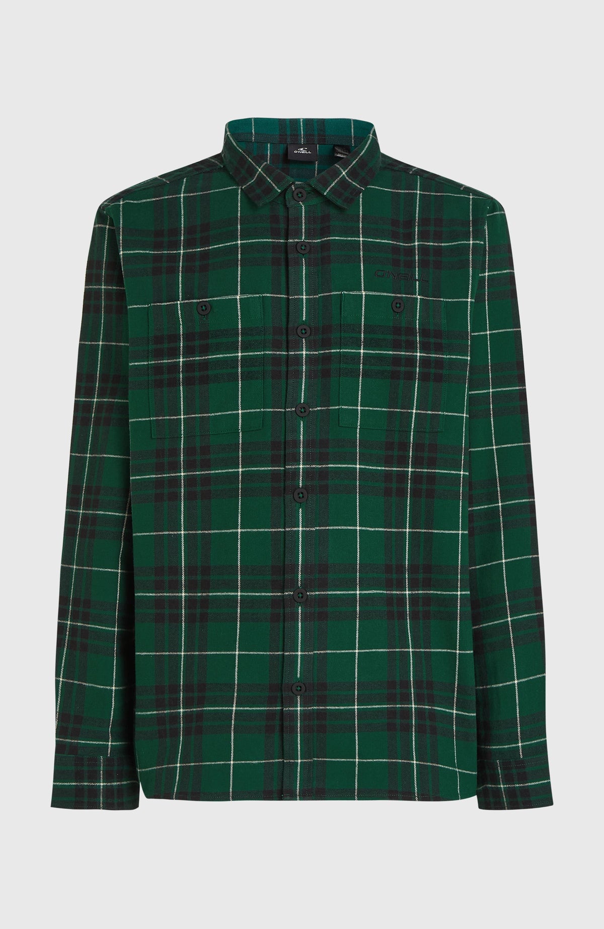 Must-Have Flanellhemd für Herren, grün mit Karomuster in Schwarz und Weiß, freigestellt von vorne mit Knopfleiste
