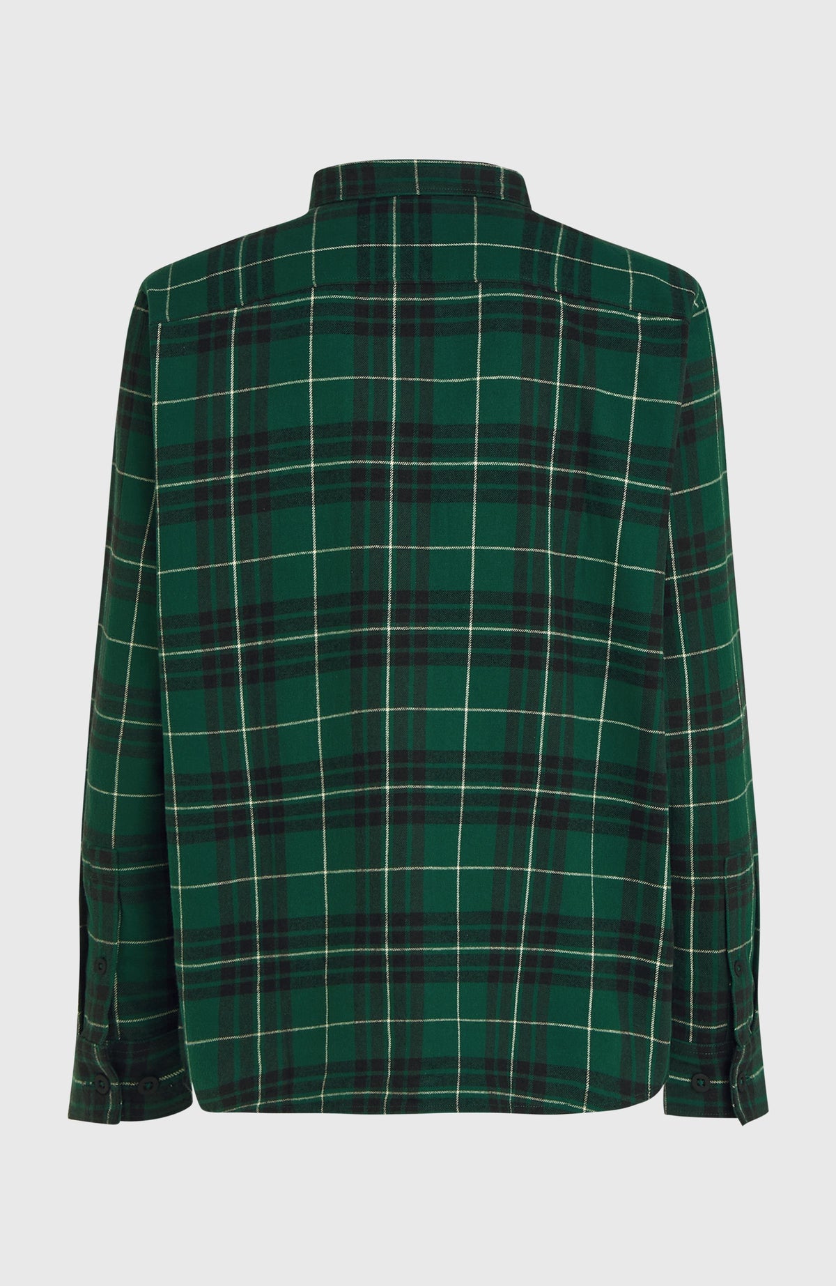 Must-Have Flanellhemd für Herren, grün mit Karomuster in Schwarz und Weiß, freigestellt von hinten mit Passennaht