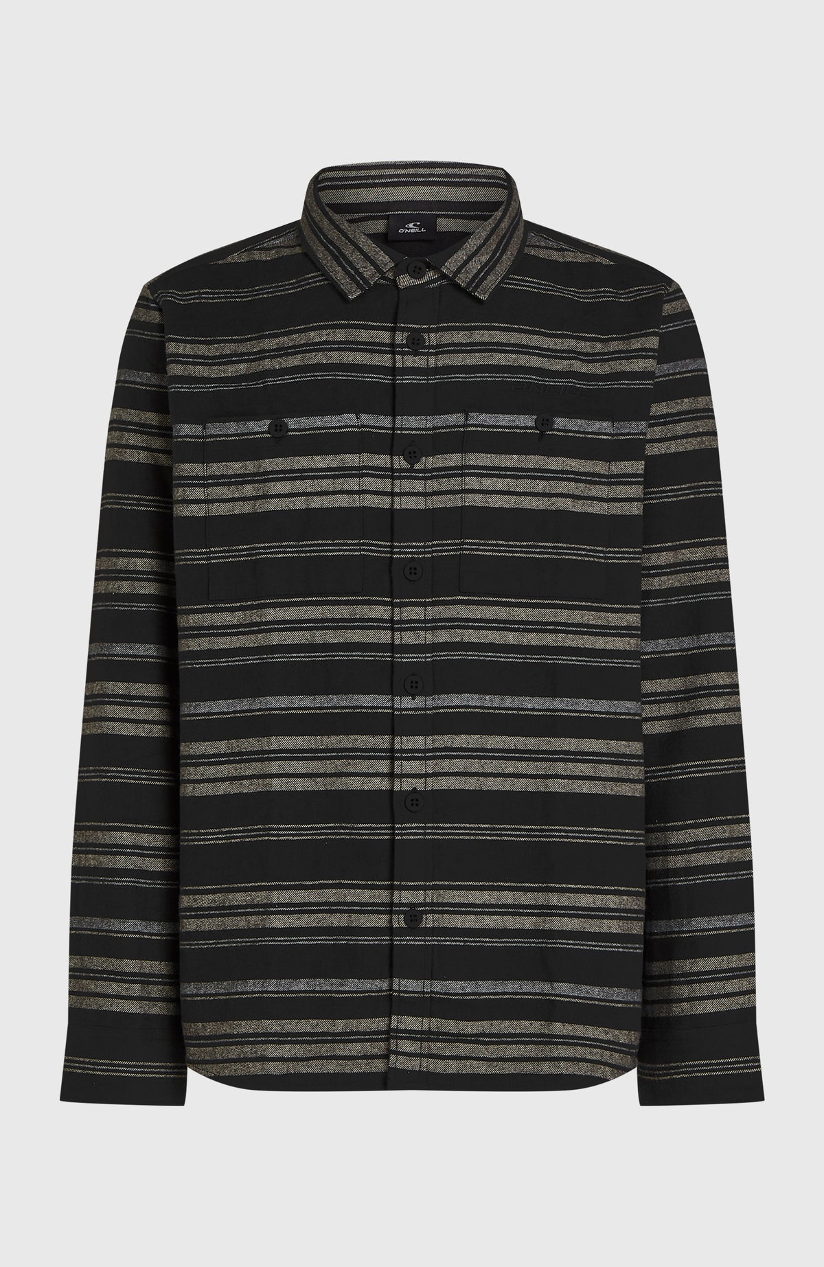 Must-Have Flanellhemd für Herren, schwarz mit Streifenmuster in Grau und Beige, freigestellt von vorne mit Brusttaschen