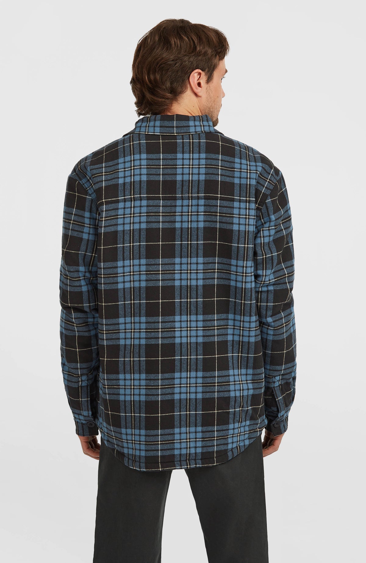Must-Have Hemd mit Fleecefutter für Herren, blau mit Karomuster in Schwarz, Rückansicht getragen am Model