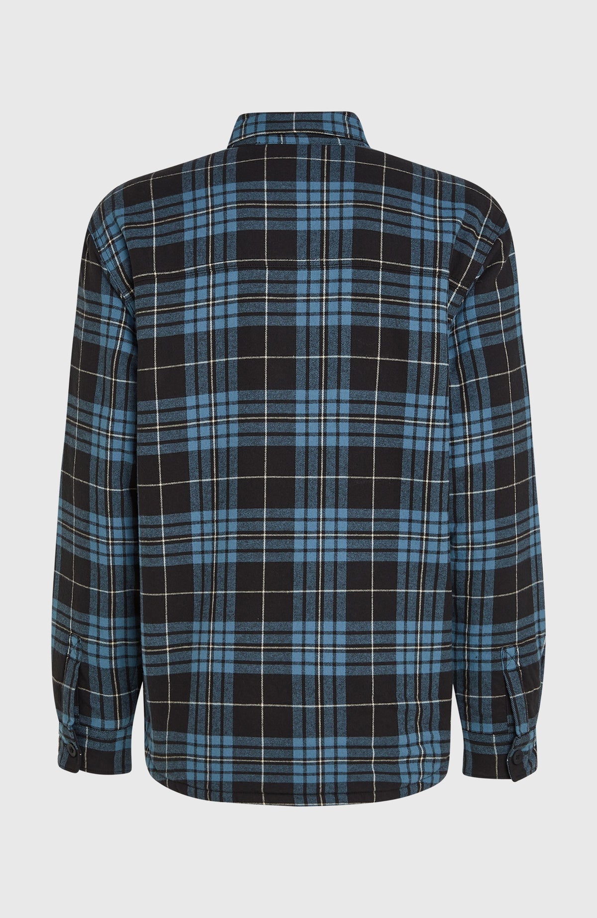 Must-Have Hemd mit Fleecefutter für Herren, blau mit Karomuster in Schwarz, flach liegend von hinten mit Schulterpasse