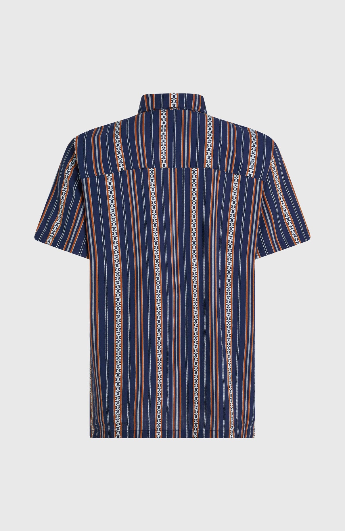 O'Riginals Jacquard-Hemd für Herren, blau mit Streifenmuster in Orange und Weiß, flach liegend von hinten