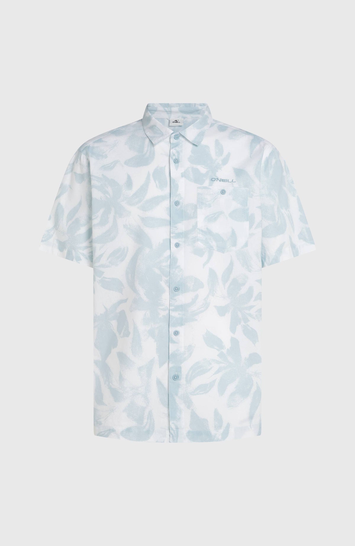 Print Shirt für Herren, weiß mit Blumenmuster in Hellblau, freigestellt von vorne mit durchgehender Knopfleiste