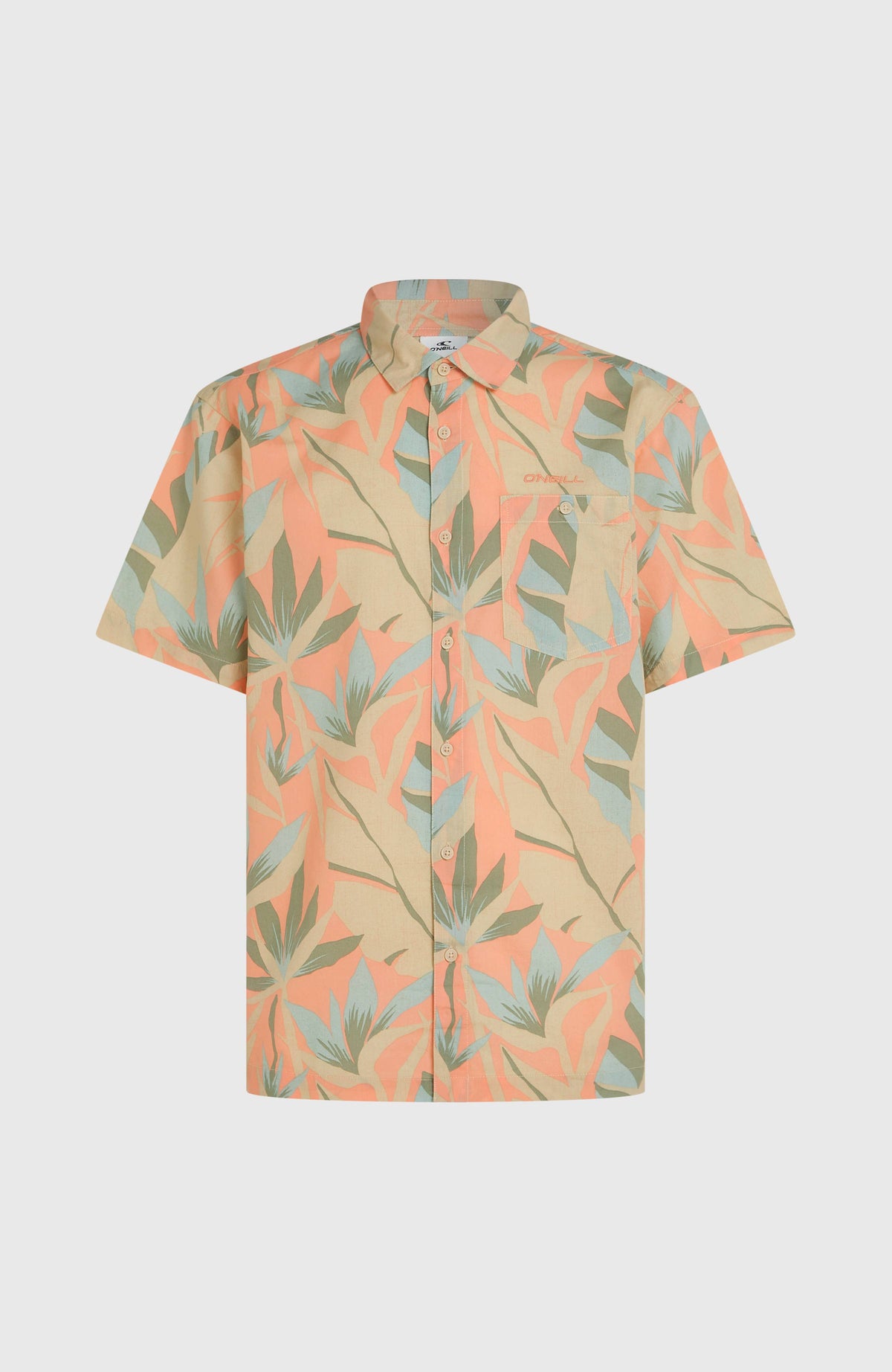 Print Shirt Kurzarmhemd für Herren, orange mit Pflanzenmuster in Beige und Grün, freigestellt von vorne