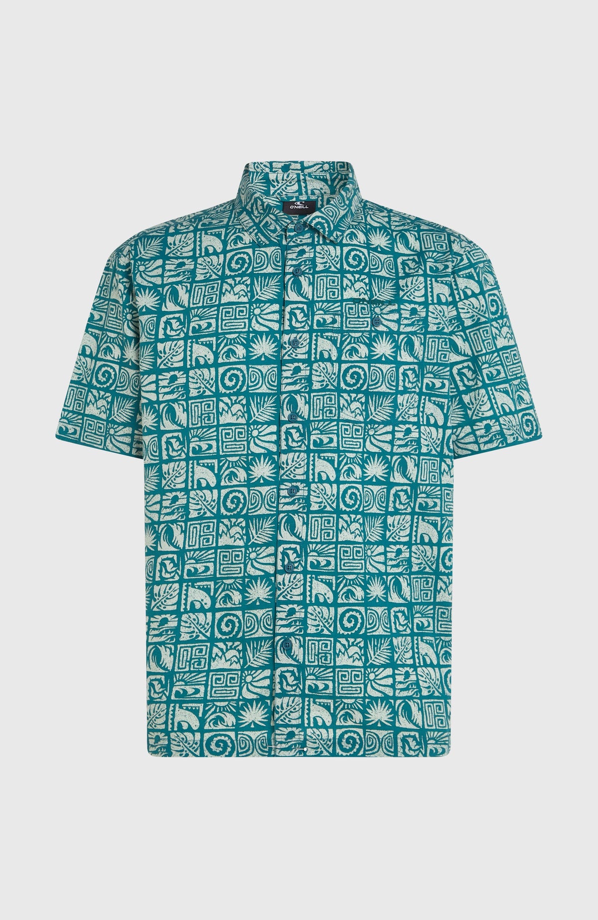 Print Shirt für Herren, blau mit Grafikmuster in Weiß, freigestellt von vorne mit durchgehender Knopfleiste