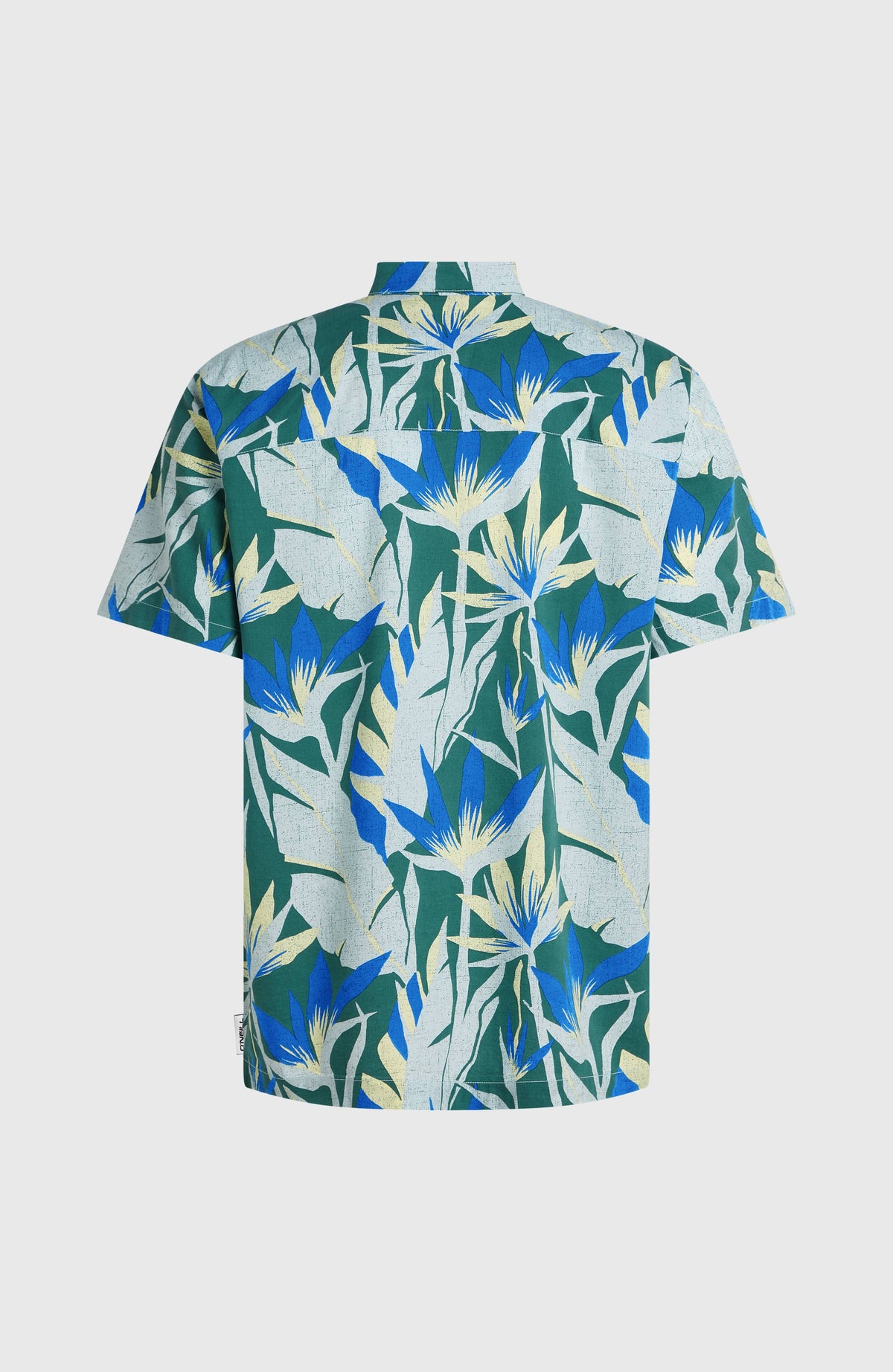 Print Shirt Kurzarmhemd für Herren, blau mit Tropenmuster in Grün und Gelb, flach liegend von hinten mit Rückenpasse