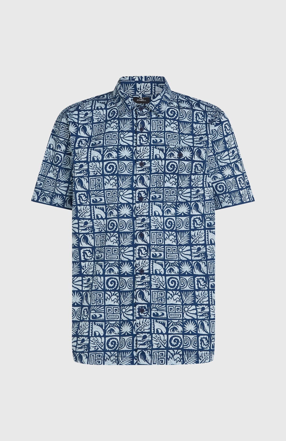 Print Shirt für Herren, blau mit Grafikmuster in Hellblau, freigestellt von vorne mit Knopfleiste