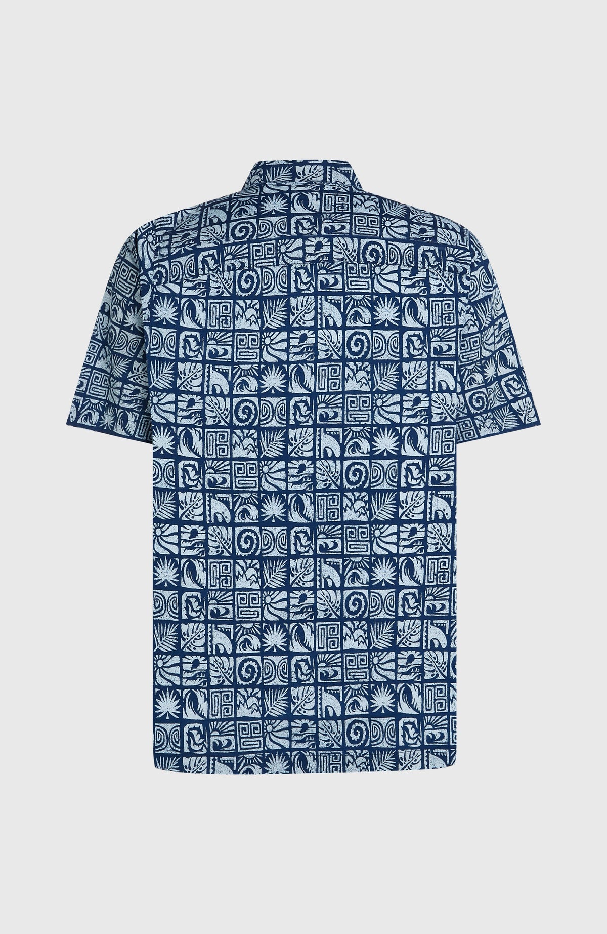 Print Shirt für Herren, blau mit Grafikmuster in Hellblau, freigestellt von hinten mit Rückenpasse