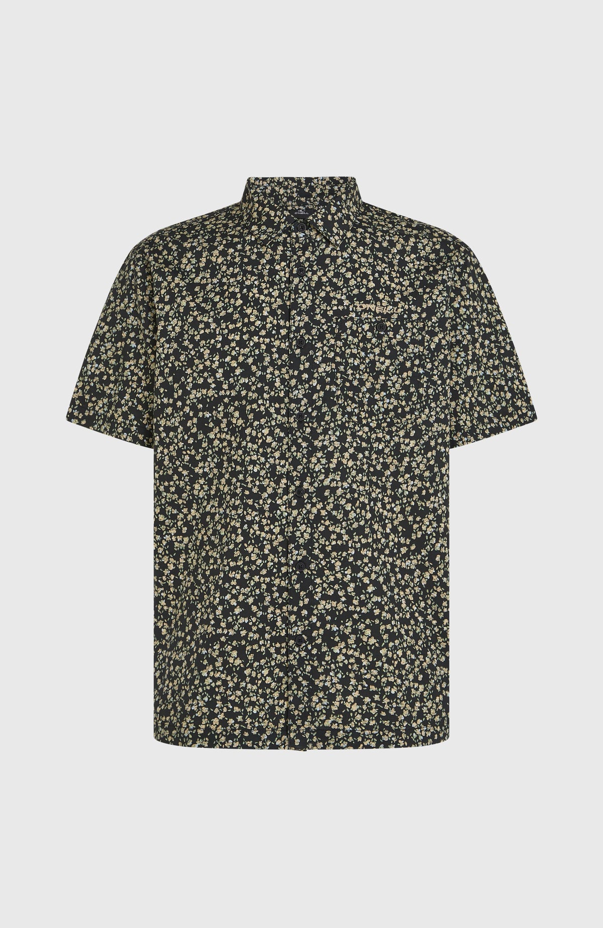 O'Neill Print Shirt Hemd für Herren, schwarz mit Blumenmuster in Gelb und Beige, freigestellt in Vorderansicht