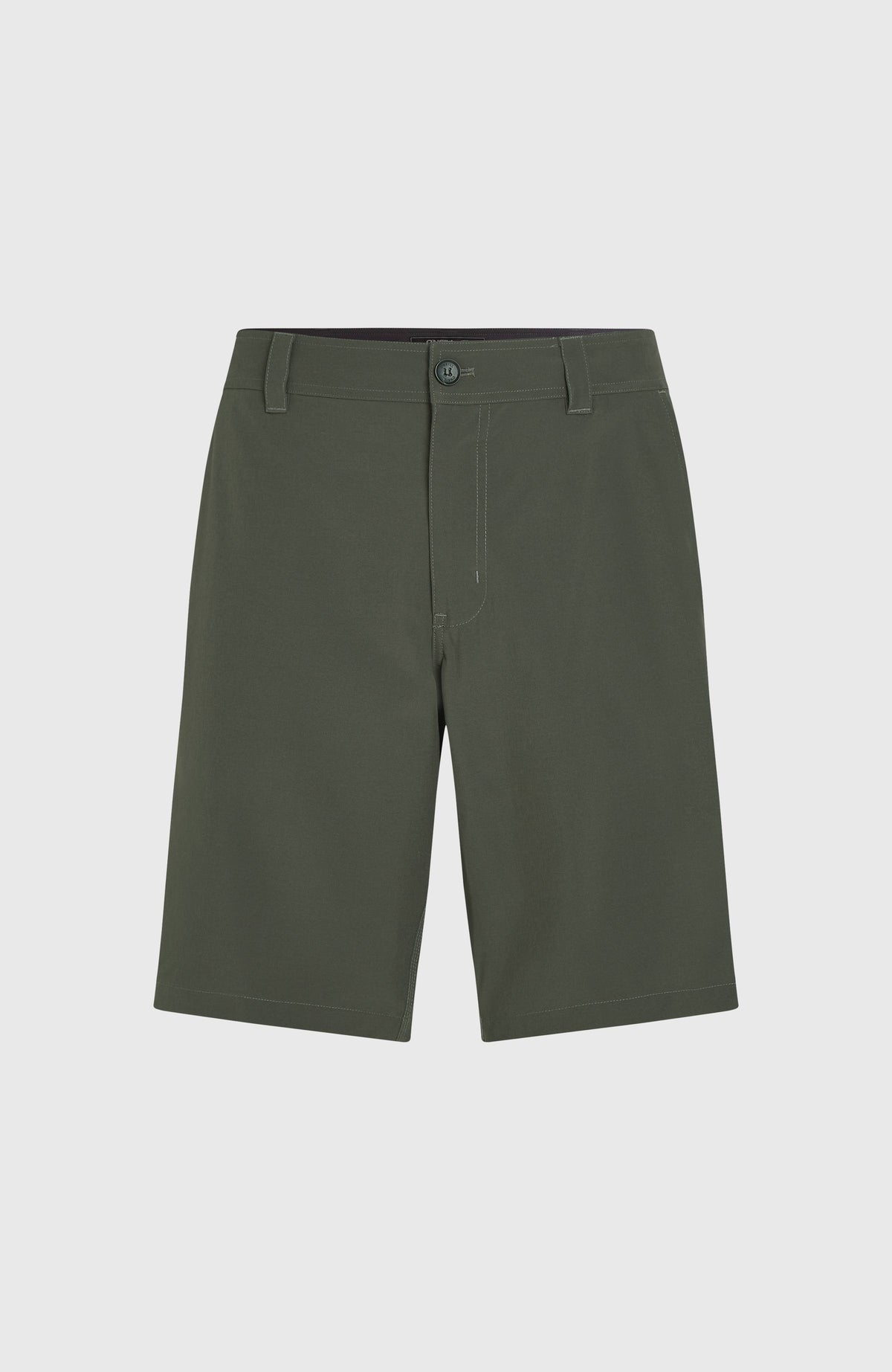 Graue Hybrid 19" Chino-Shorts für Herren, freigestellt von vorne mit Bund und Verschlussknopf