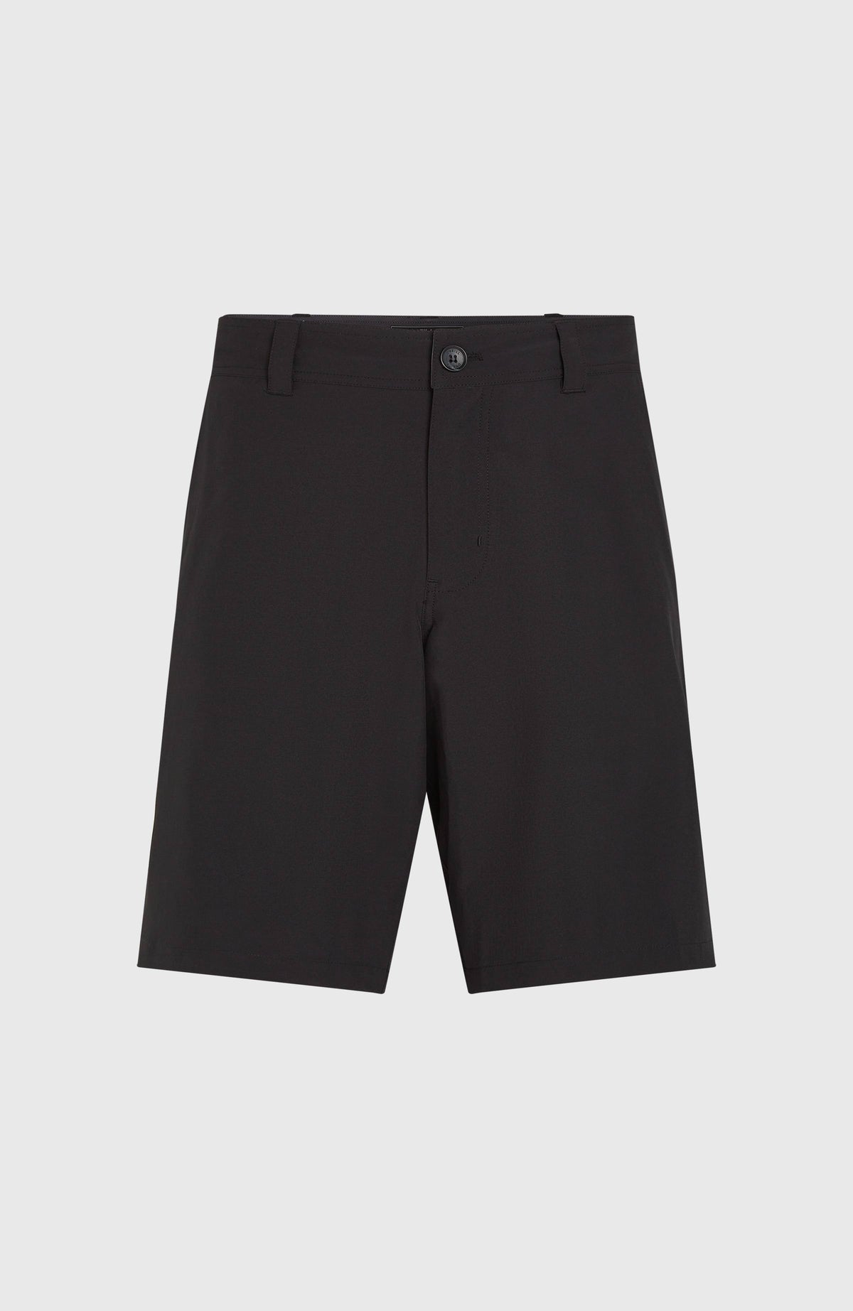 Hybrid 19" Chino-Shorts für Herren, schwarz, flach liegend von vorne mit Verschlussknopf und Gürtelschlaufen