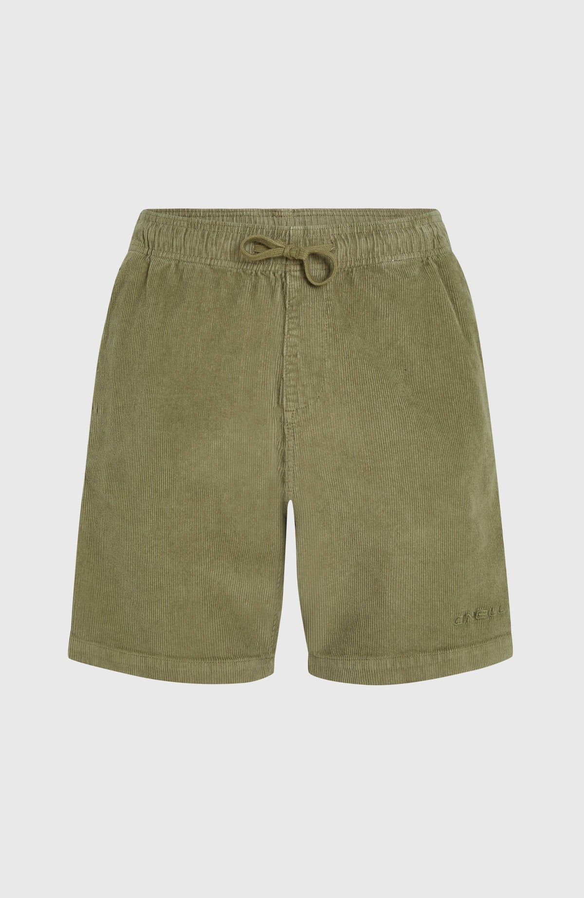 Cord-Shorts für Herren, grün, flach liegend von vorne, elastischer Bund mit Kordelzug und Eingrifftaschen